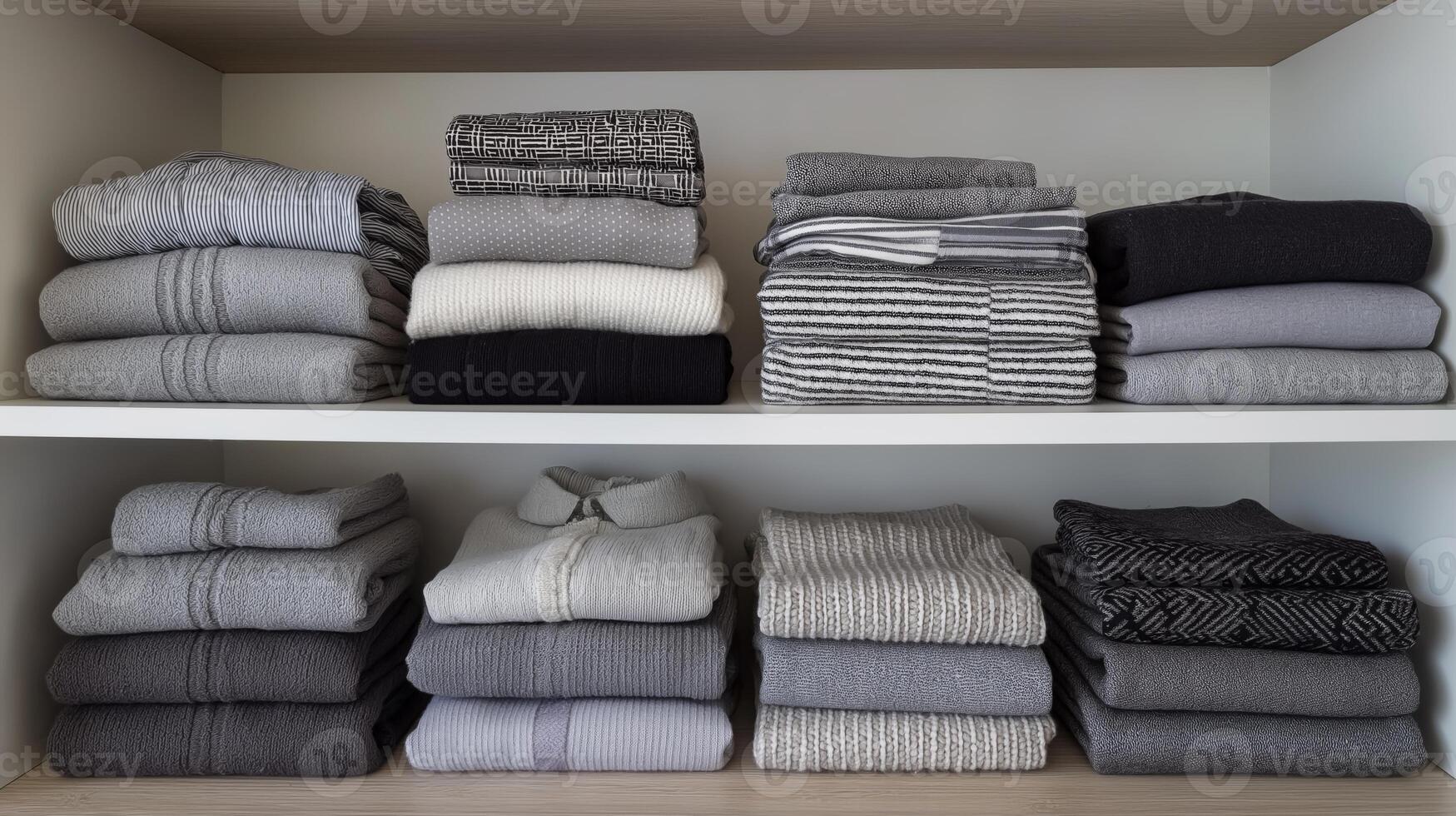 Sweaters in shades of grey are neatly folded on a minimalist shelf, highlighting orderliness. photo