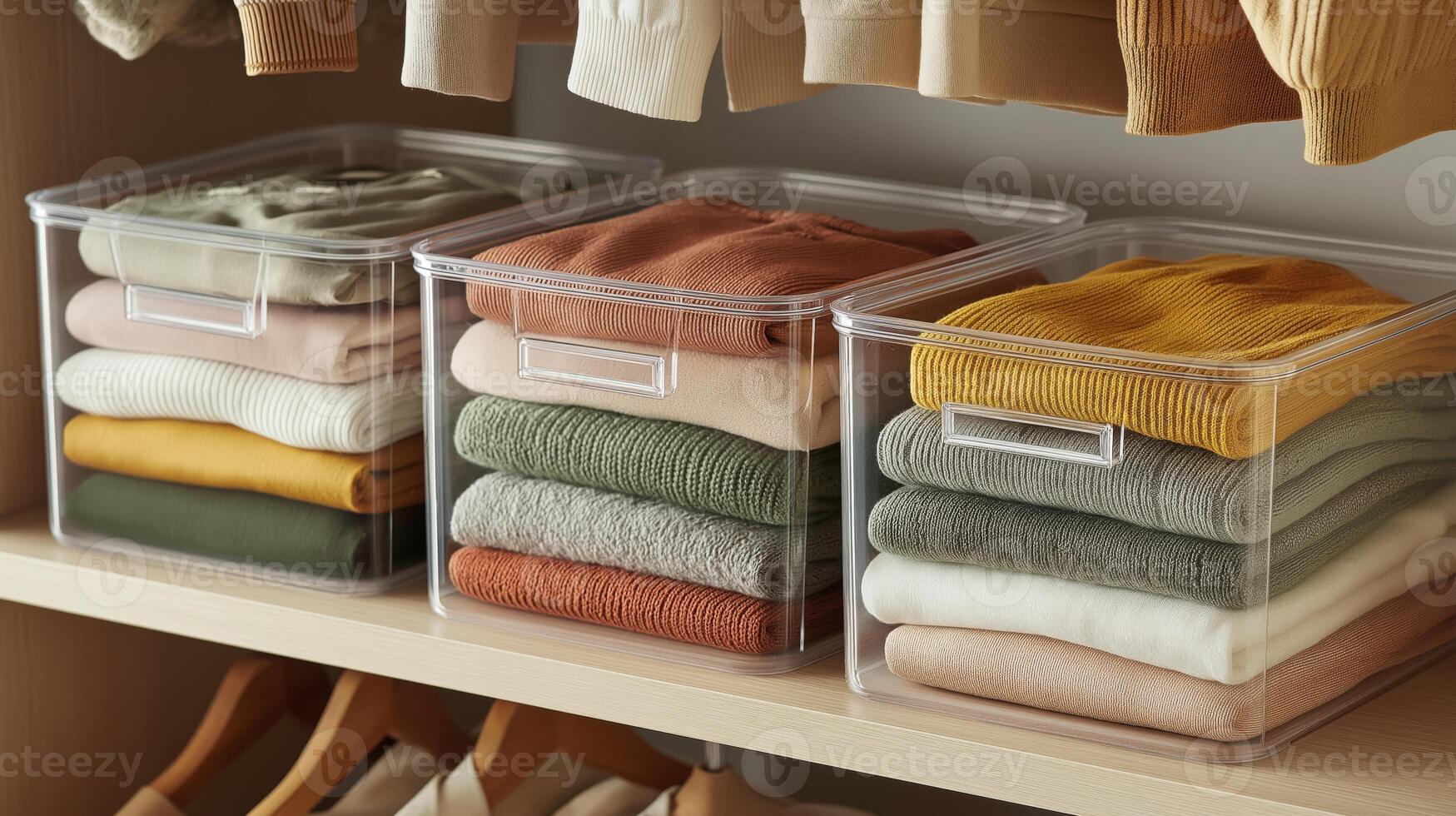 Neatly folded sweaters in clear bins on wooden shelves create a cozy, organized wardrobe. photo