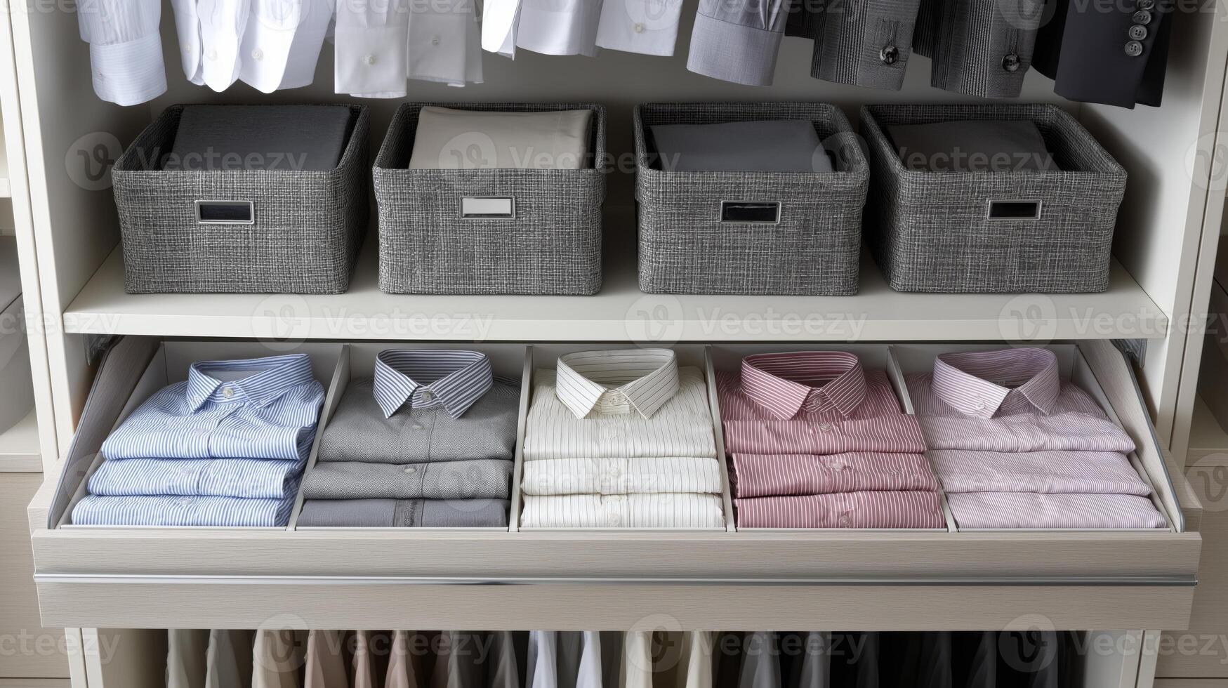 A tidy wardrobe showcases neatly folded dress shirts arranged by color alongside storage bins. photo