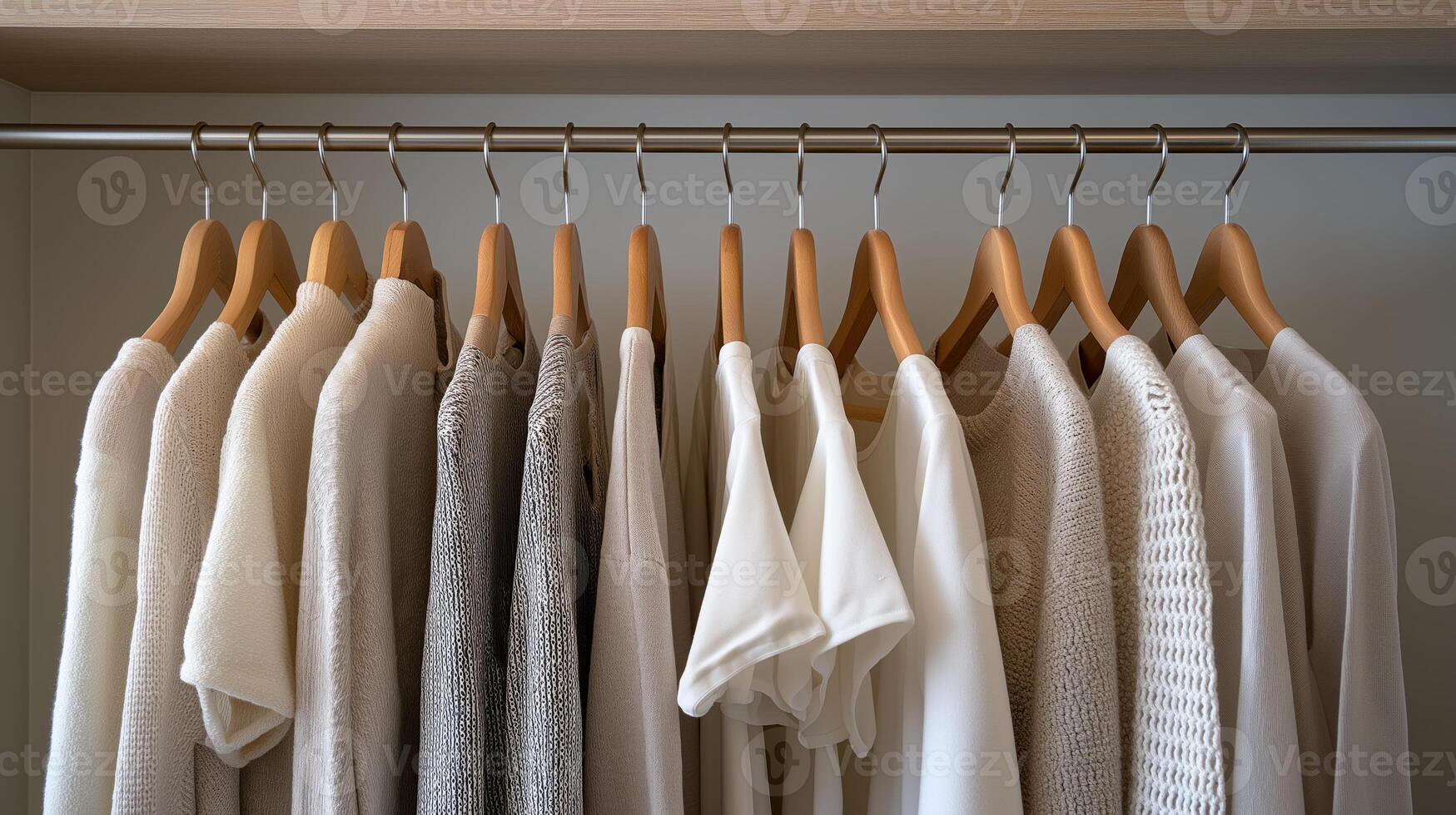 Shirts and sweaters in various white shades hang neatly in a modern closet space elegantly arranged. photo