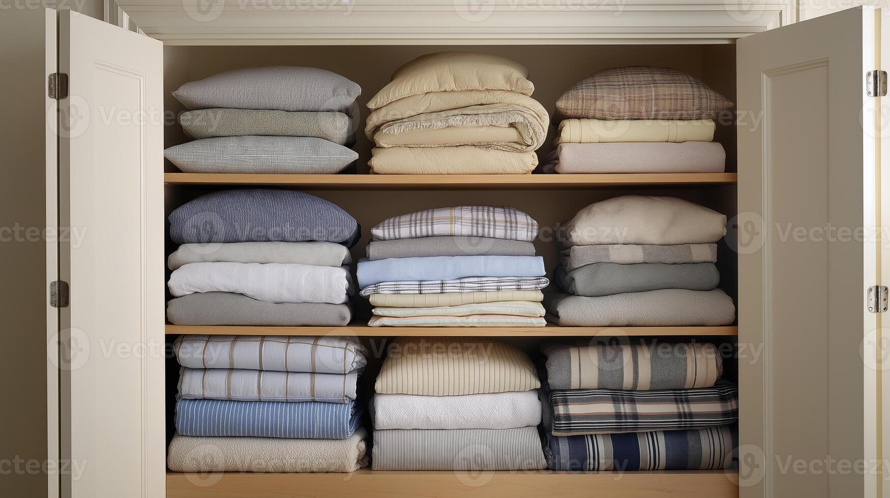 Shelves showcase neatly folded blankets and linens in harmonious colors, creating a tidy display. photo