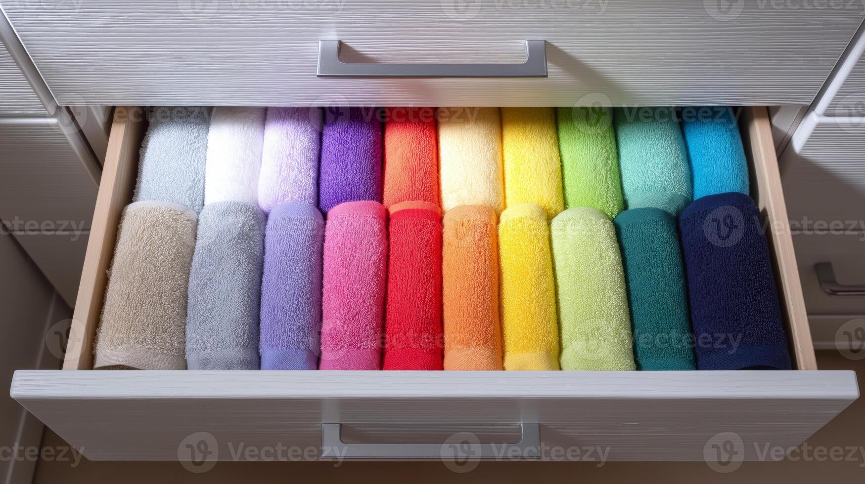 Soft, vibrant towels are neatly organized in a wooden drawer, creating an inviting atmosphere. photo