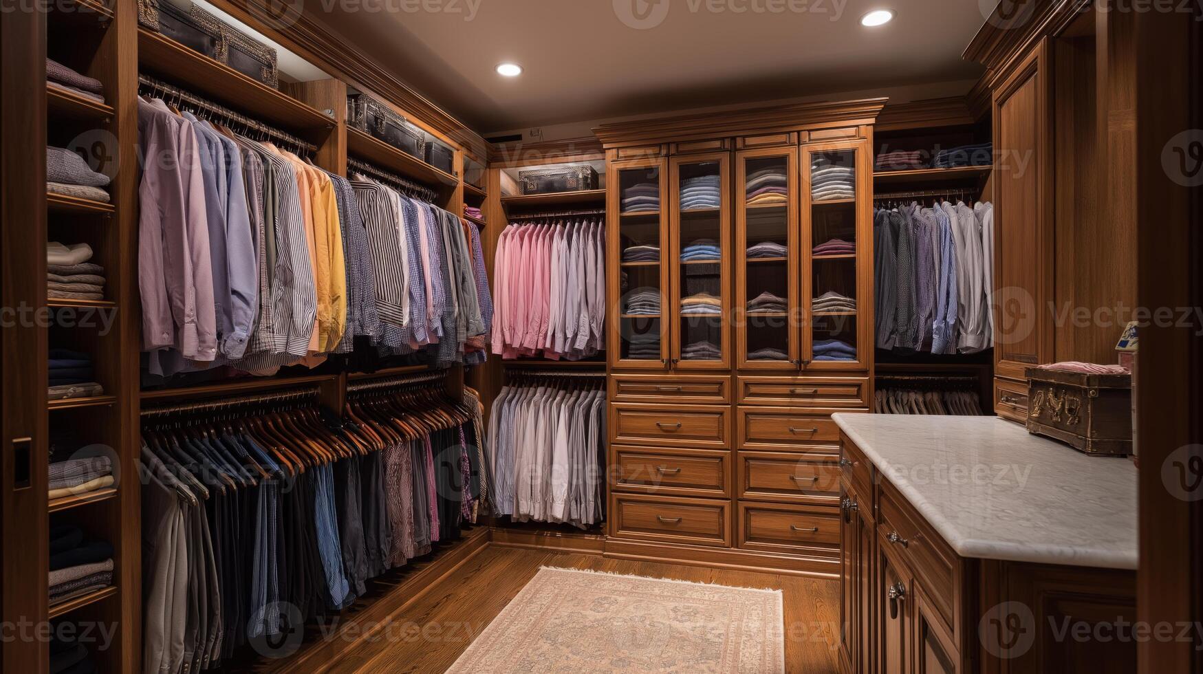 Stylish wooden wardrobe filled with neatly arranged shirts and accessories in a well-lit space. photo