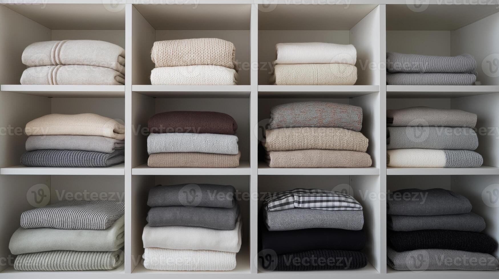 Soft blankets and towels are neatly stacked in a sleek shelf, showcasing various colors. photo