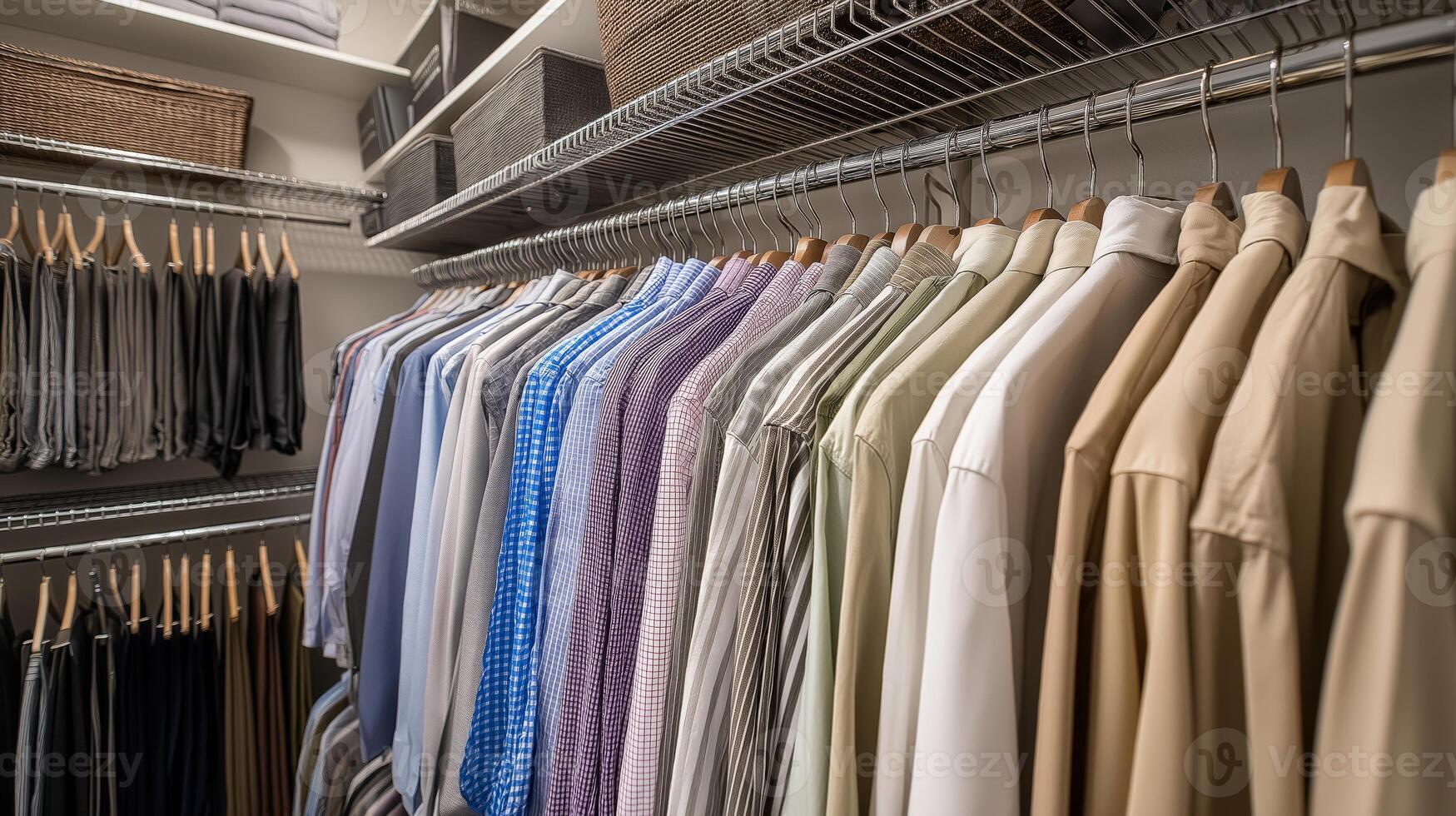 Closet displays neatly hung shirts and trousers arranged by color, promoting organization and style. photo
