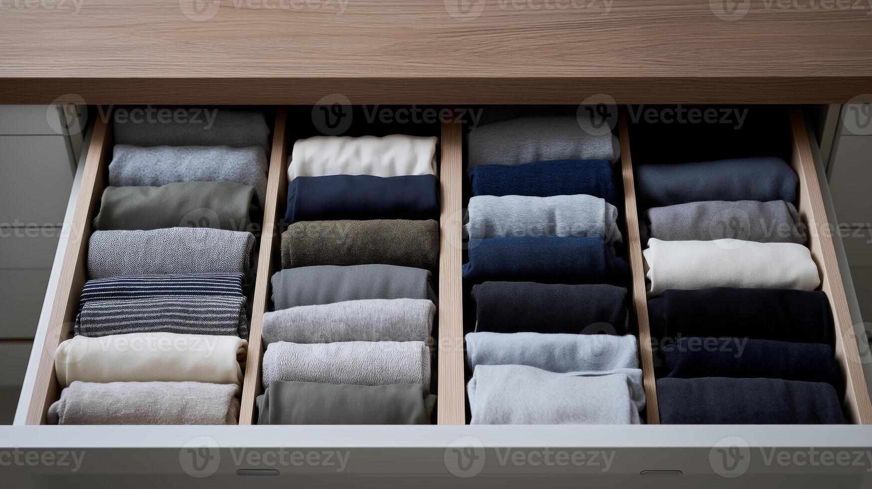 Drawer filled with neatly folded clothes in multiple colors, demonstrating effective organization. photo