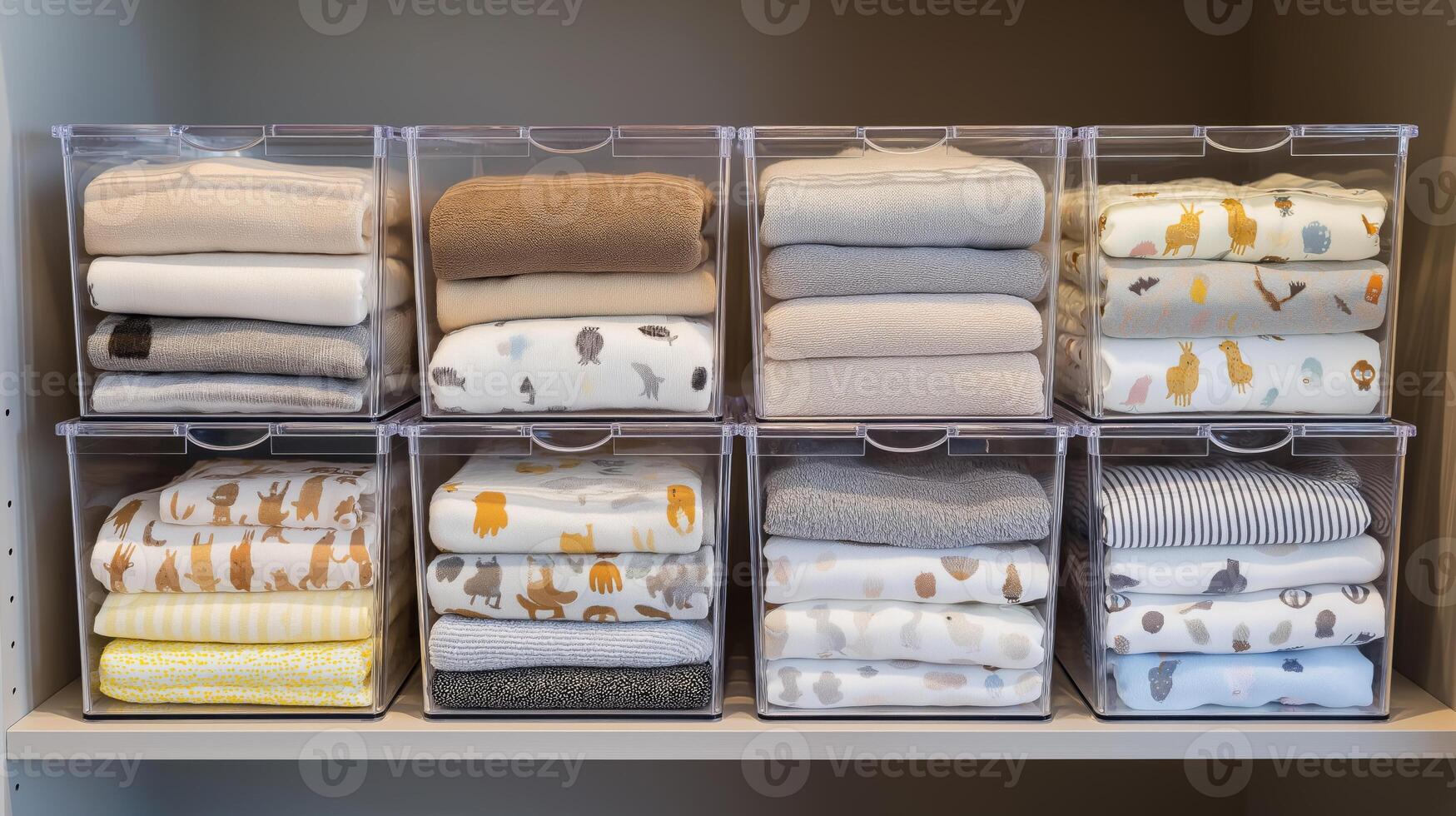 Soft blankets are folded and arranged in clear containers on a shelf, creating a tidy display. photo