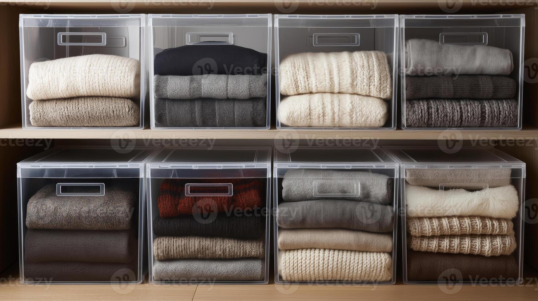 Soft, luxurious blankets are stored in clear boxes, creating a tidy and inviting atmosphere. photo