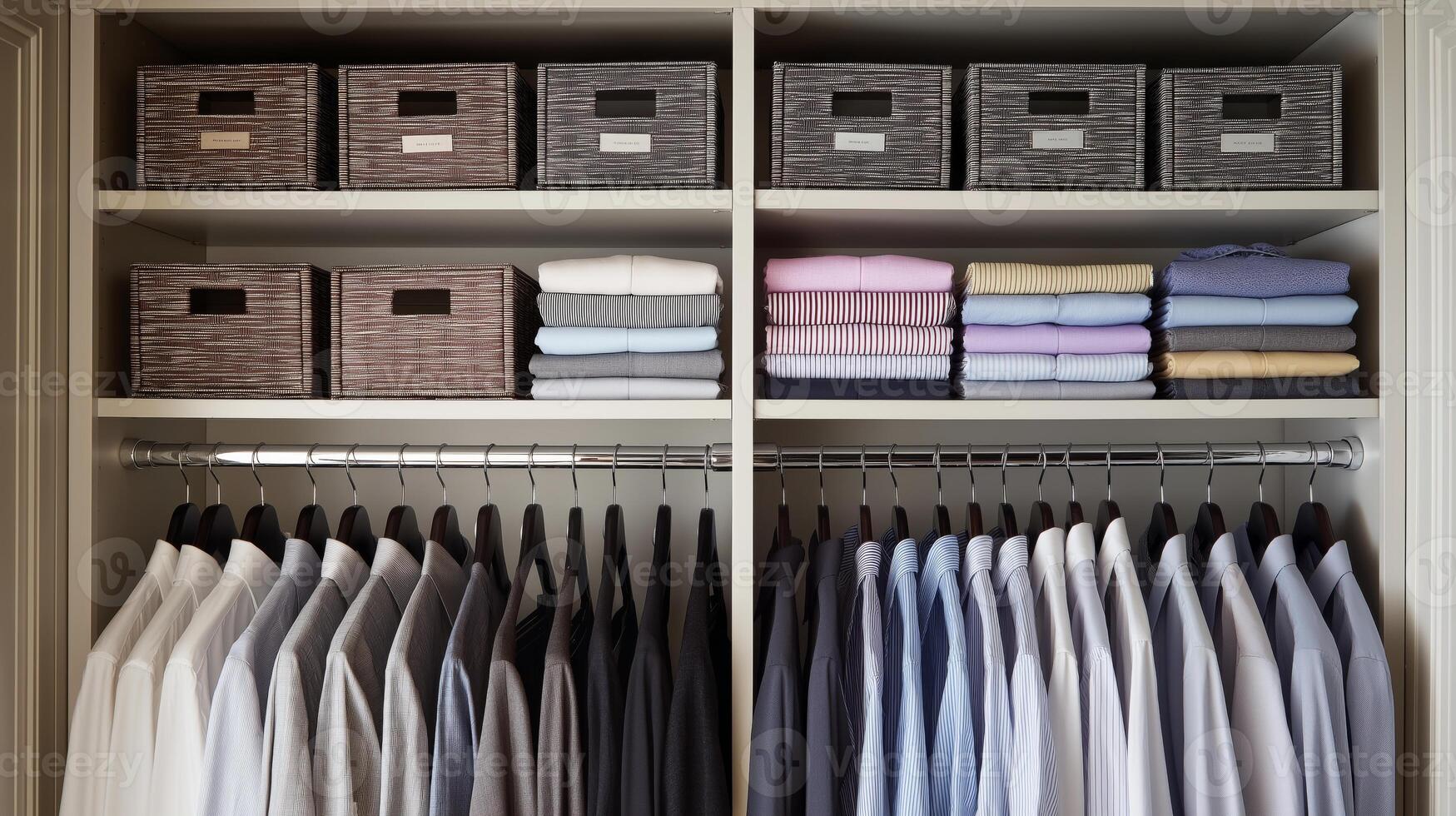 A tidy closet features neatly folded shirts and organized storage bins in a stylish setting. photo