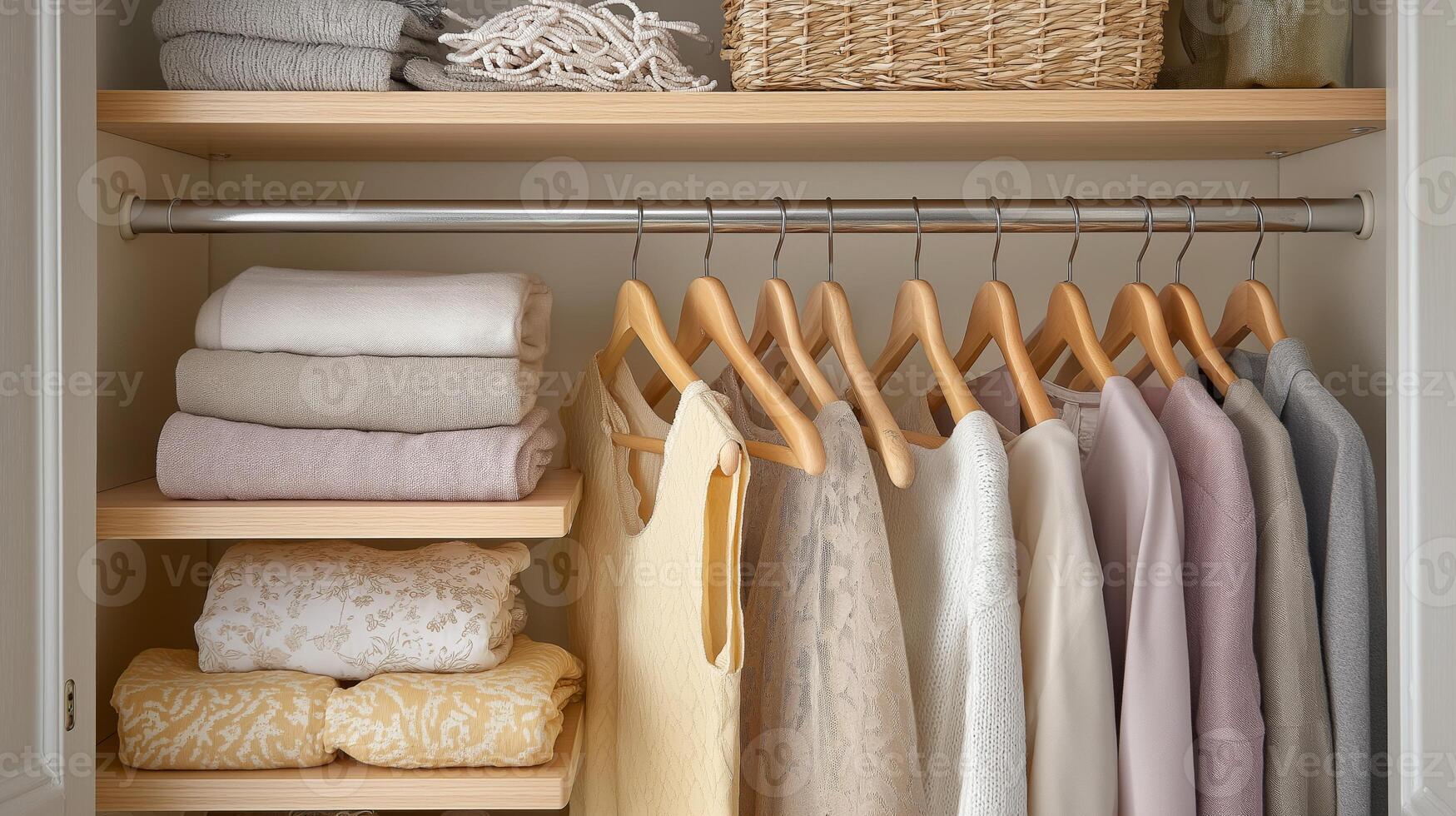 A neatly organized closet showcases folded clothes and hanging garments in calming colors. photo