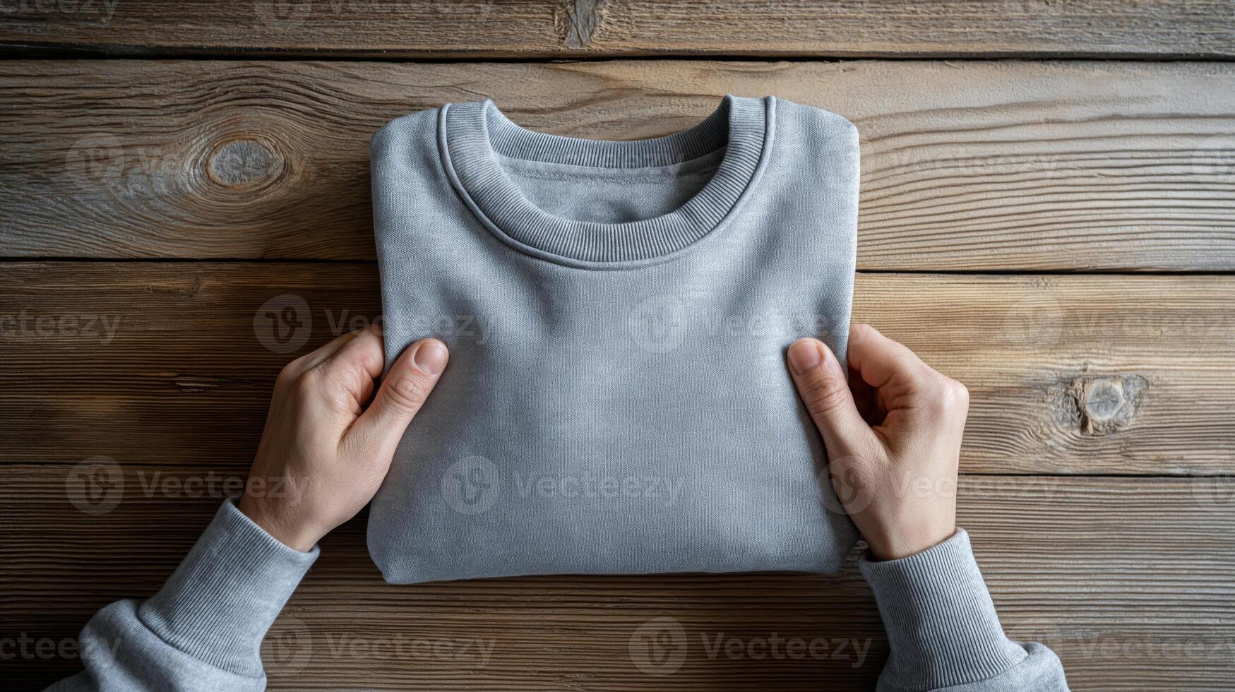 Hands methodically fold a soft gray sweater on a rustic wooden table. photo