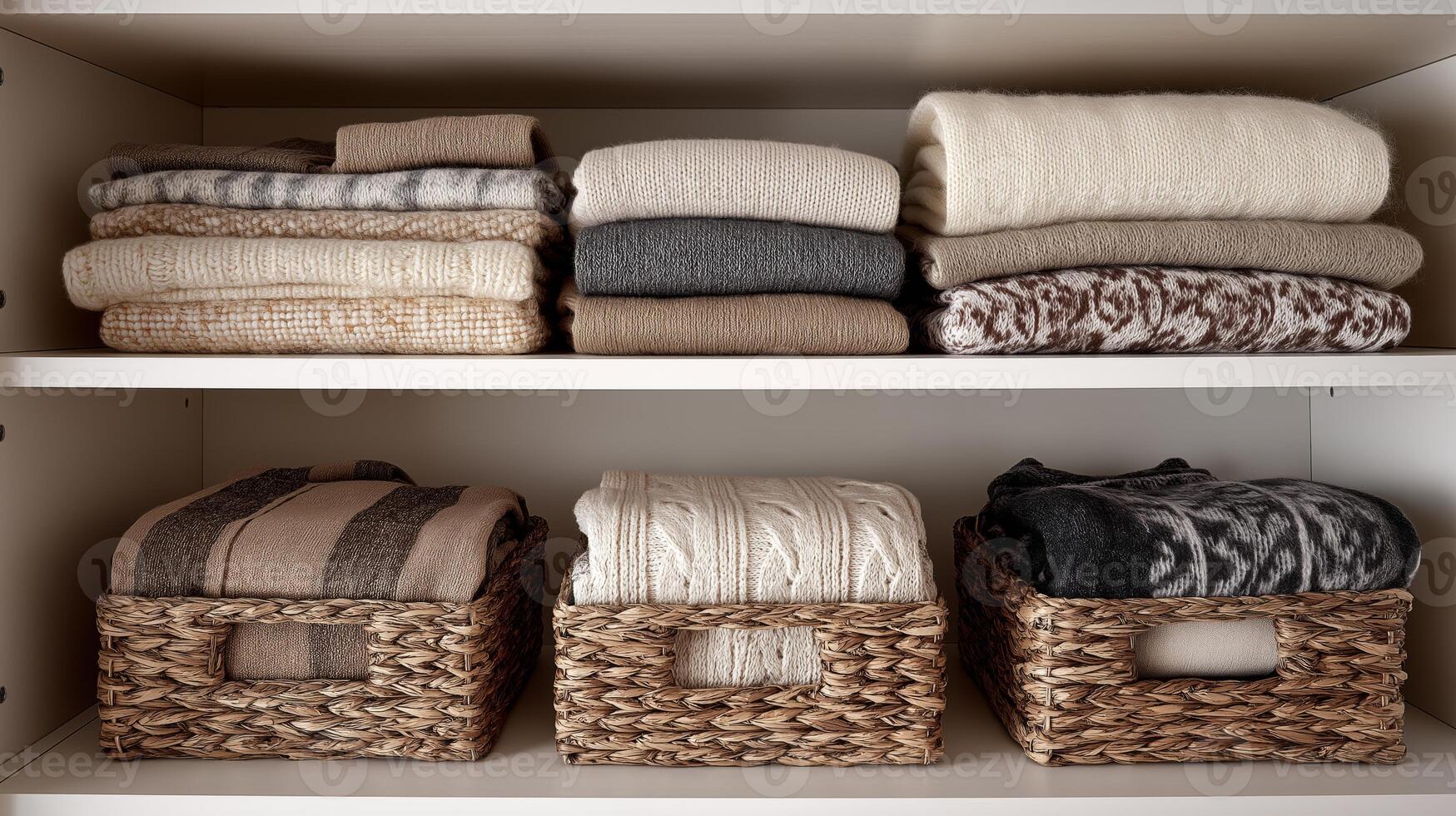 Warm and inviting shelves showcase neatly folded sweaters and blankets in decorative baskets. photo