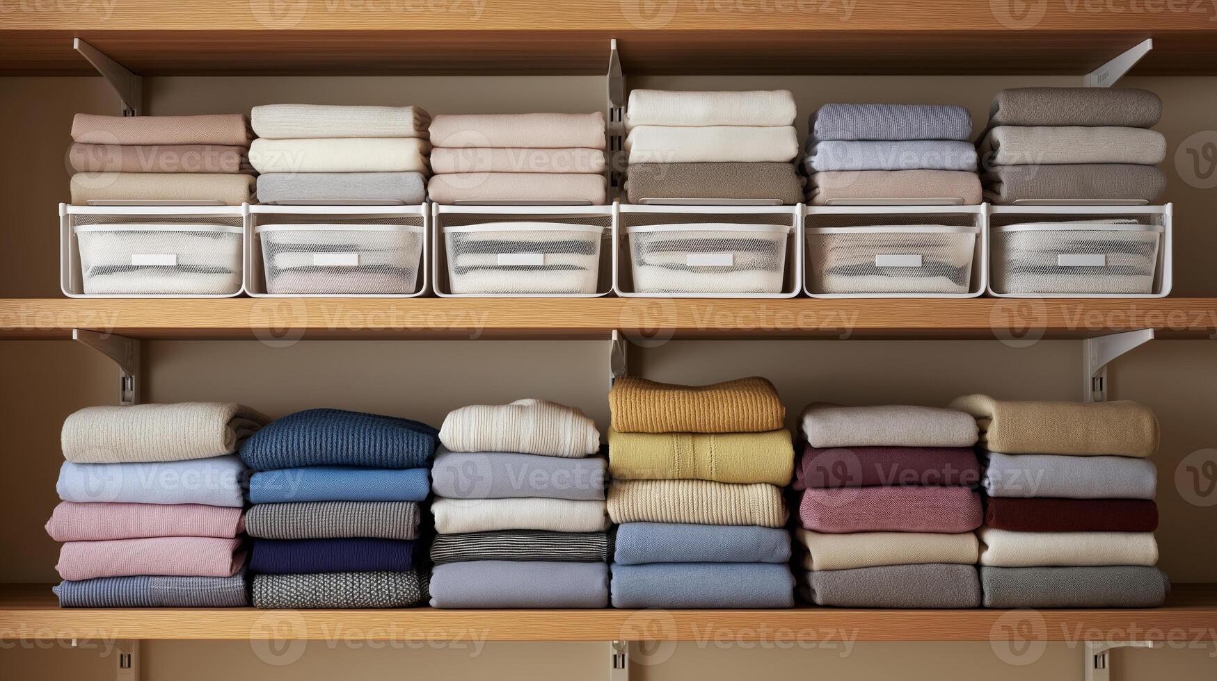 Soft, neutral-toned clothing is neatly folded and arranged on wooden shelves with storage bins. photo