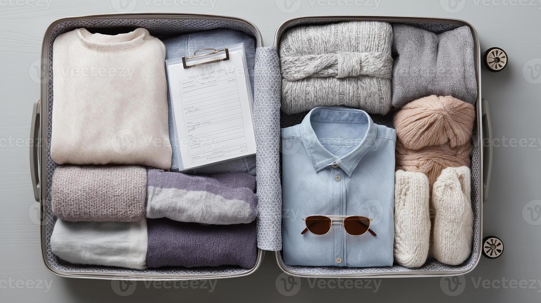 Neatly arranged clothing and accessories in a suitcase ready for a short trip or weekend adventure. photo