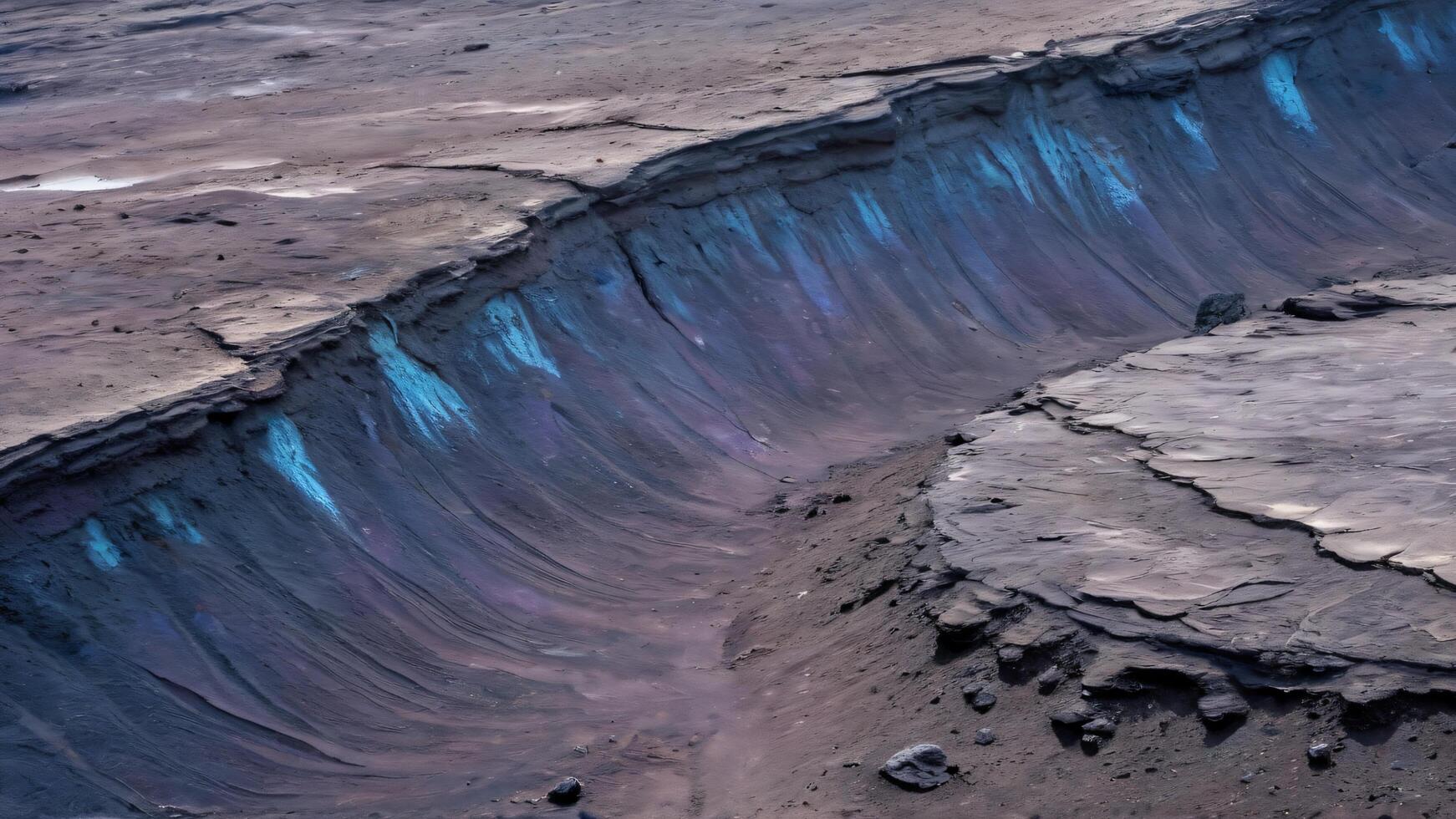 an aerial view of a large mine or quarry, showing vertical walls of rock with purple and blue textures photo