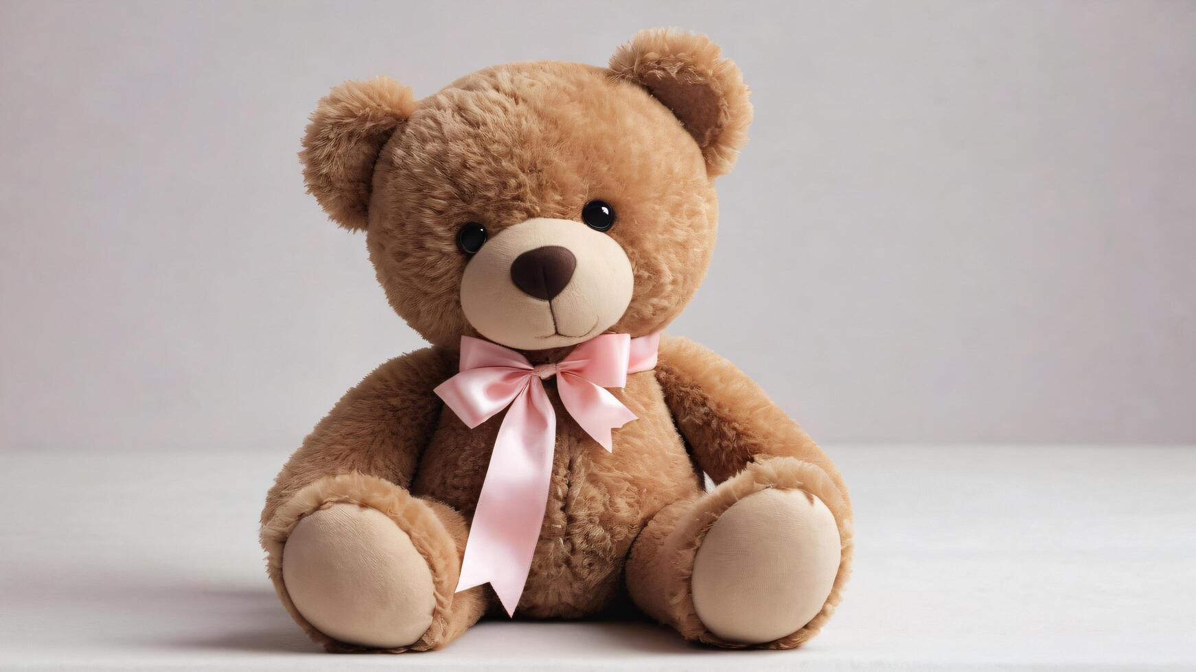a cute brown teddy bear with a pink ribbon sitting on a white background photo