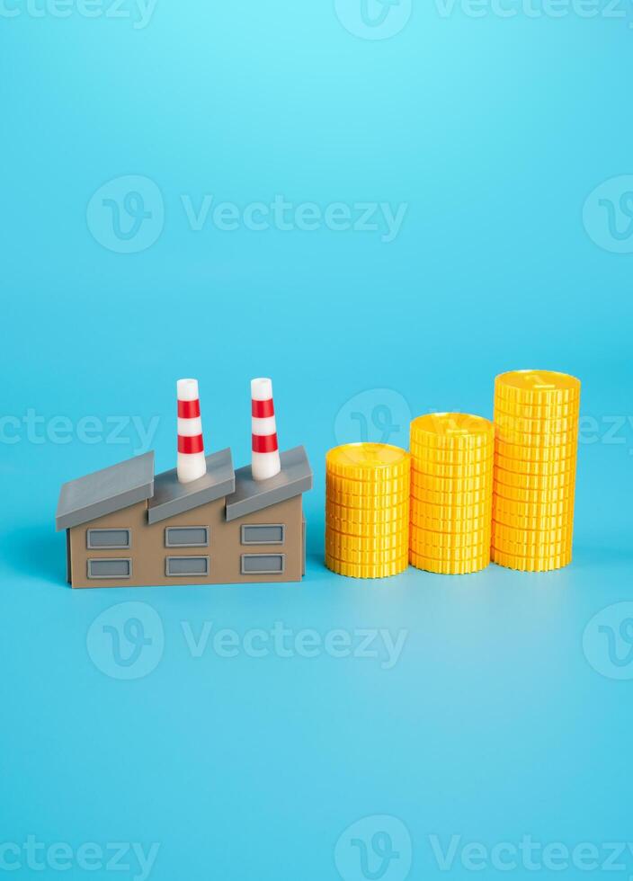 Industrial plant and growing stack of money coins. Increase in income and orders. Increase in wages of workers in factories. Positive impact of government subsidies and contracts. photo