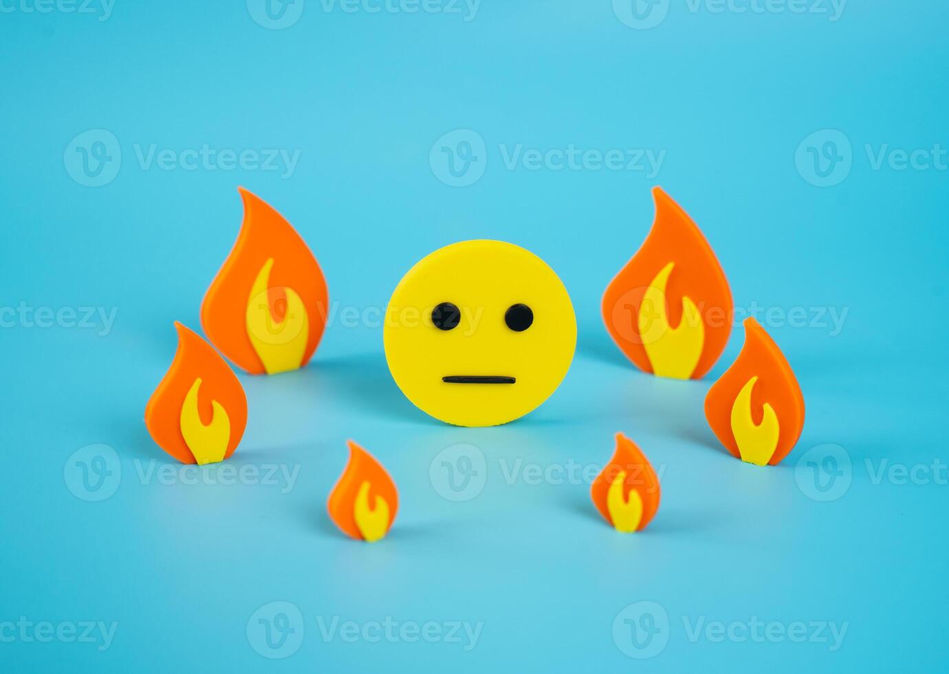 Indifferent face surrounded by fire. Indifference to surrounding events and lack of reflection. Public fatigue, media saturation, or disconnect between personal wellbeing and external turmoil. photo