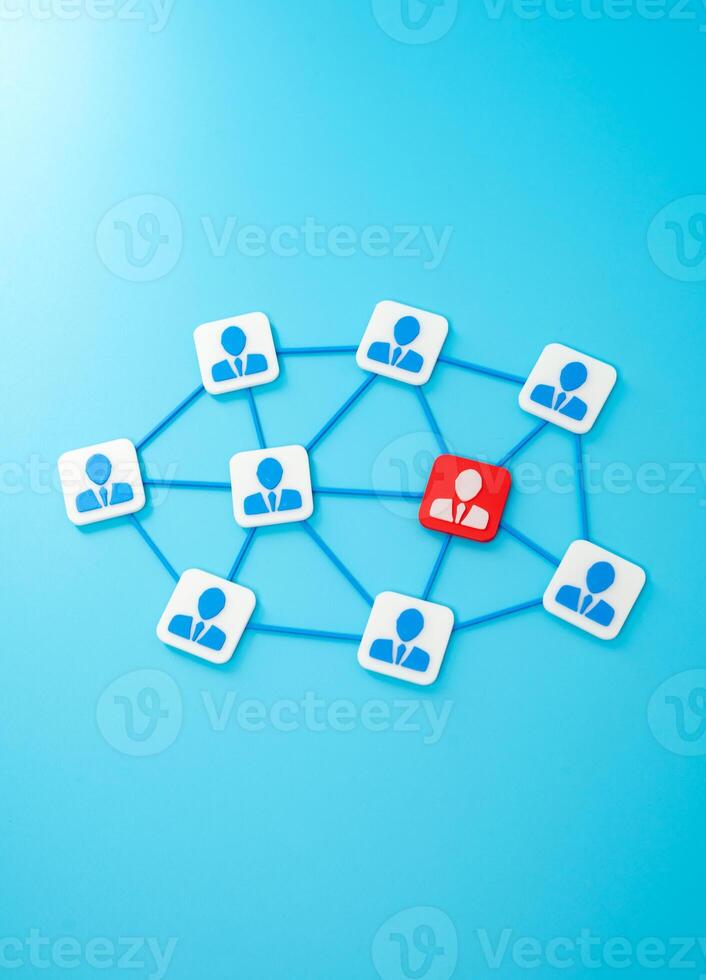 Corporate network and red figure of the employee. Dismissal of the participant and distribution of his duties to related participants of business processes. Team restructuring, workload redistribution photo