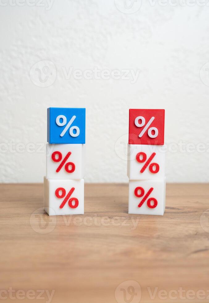 Two towers of percent blocks. Comparison of the terms of two loans and deposits. Hidden fees, fines and penalties. Financial literacy in lending scenarios. Hidden charges, interest rates photo
