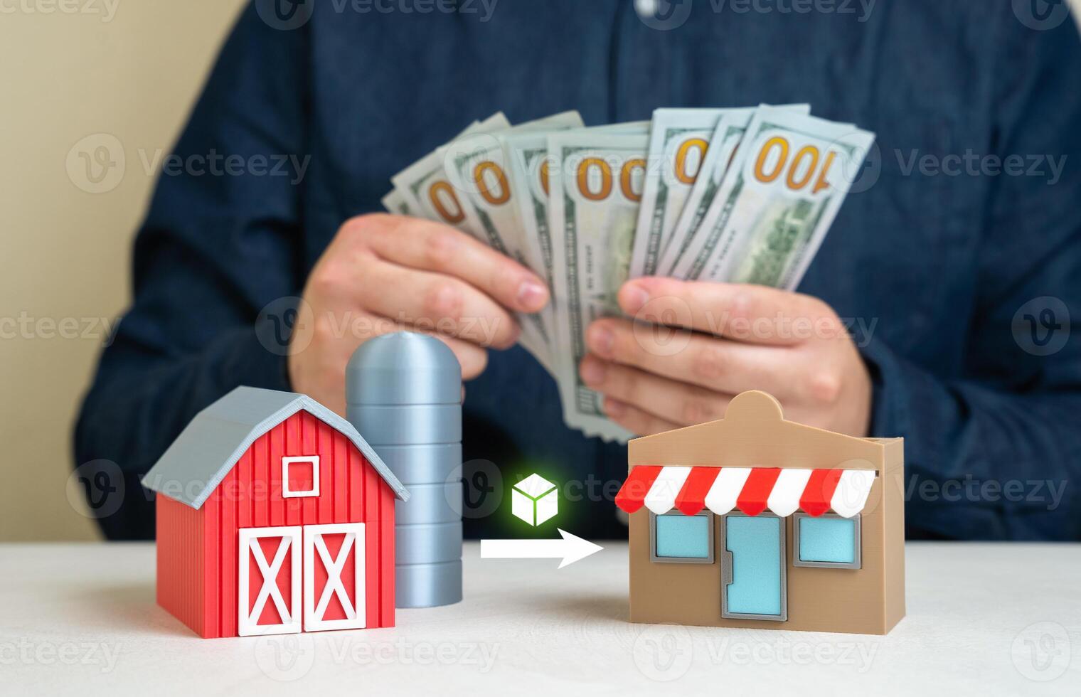 A man counts the profit from selling farm produce to stores. Transportation to the end consumer. Price margins, logistics costs, and the economics of agricultural entrepreneurship and direct sales. photo
