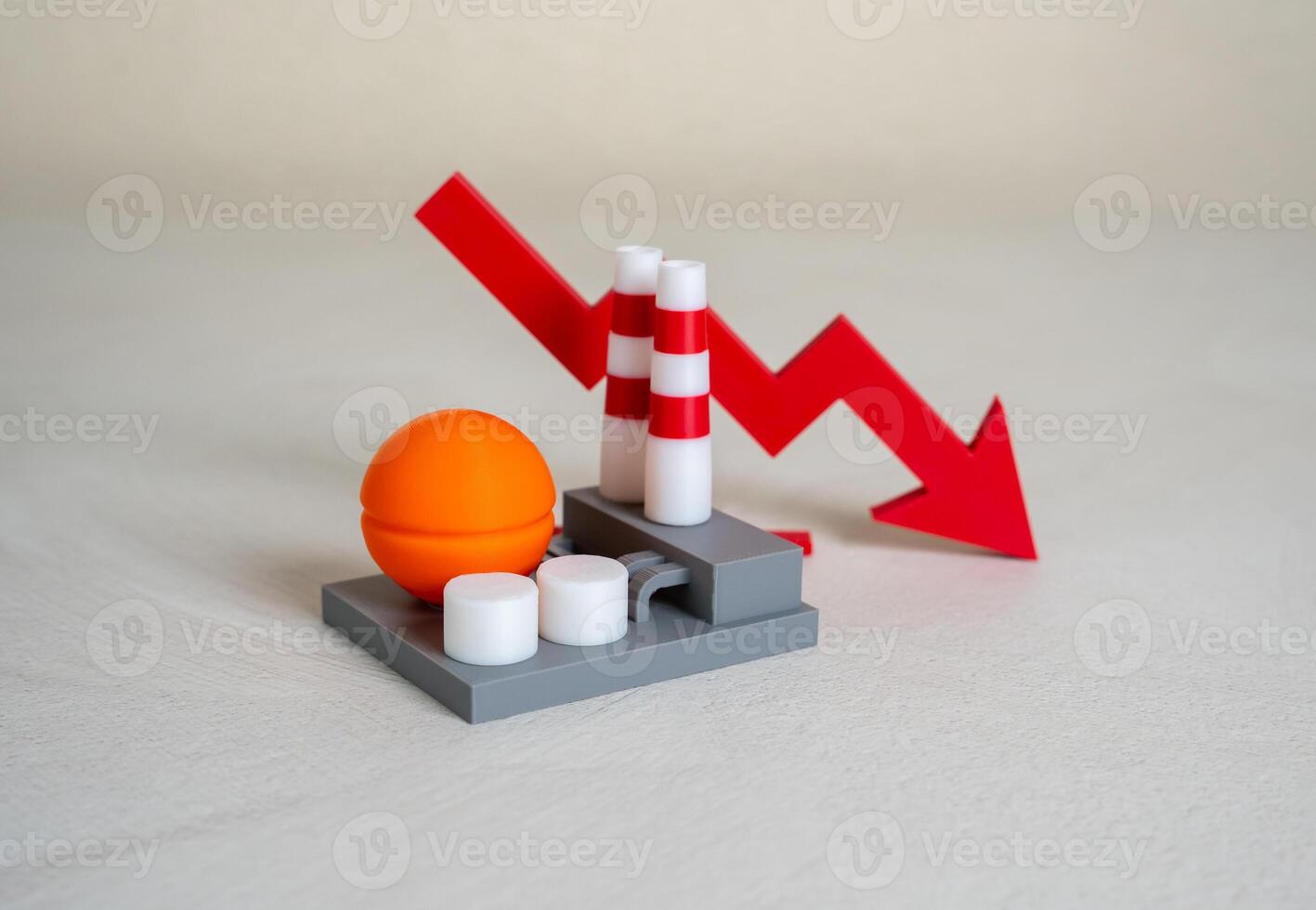 Industrial plant and red arrow down. Production decline, low revenue. Cost reduction. Credit rating decline. Crisis in industry. Economic downturn, job cuts, factory closures, declining orders. photo