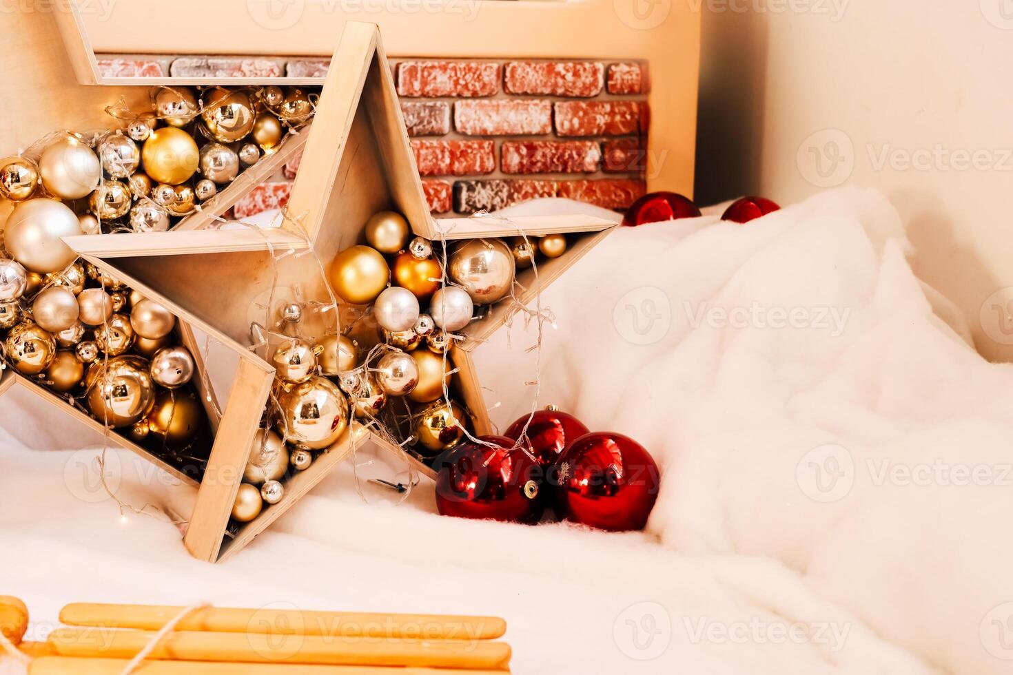 Festive holiday decorations featuring a star filled with ornaments and a cozy winter ambiance photo