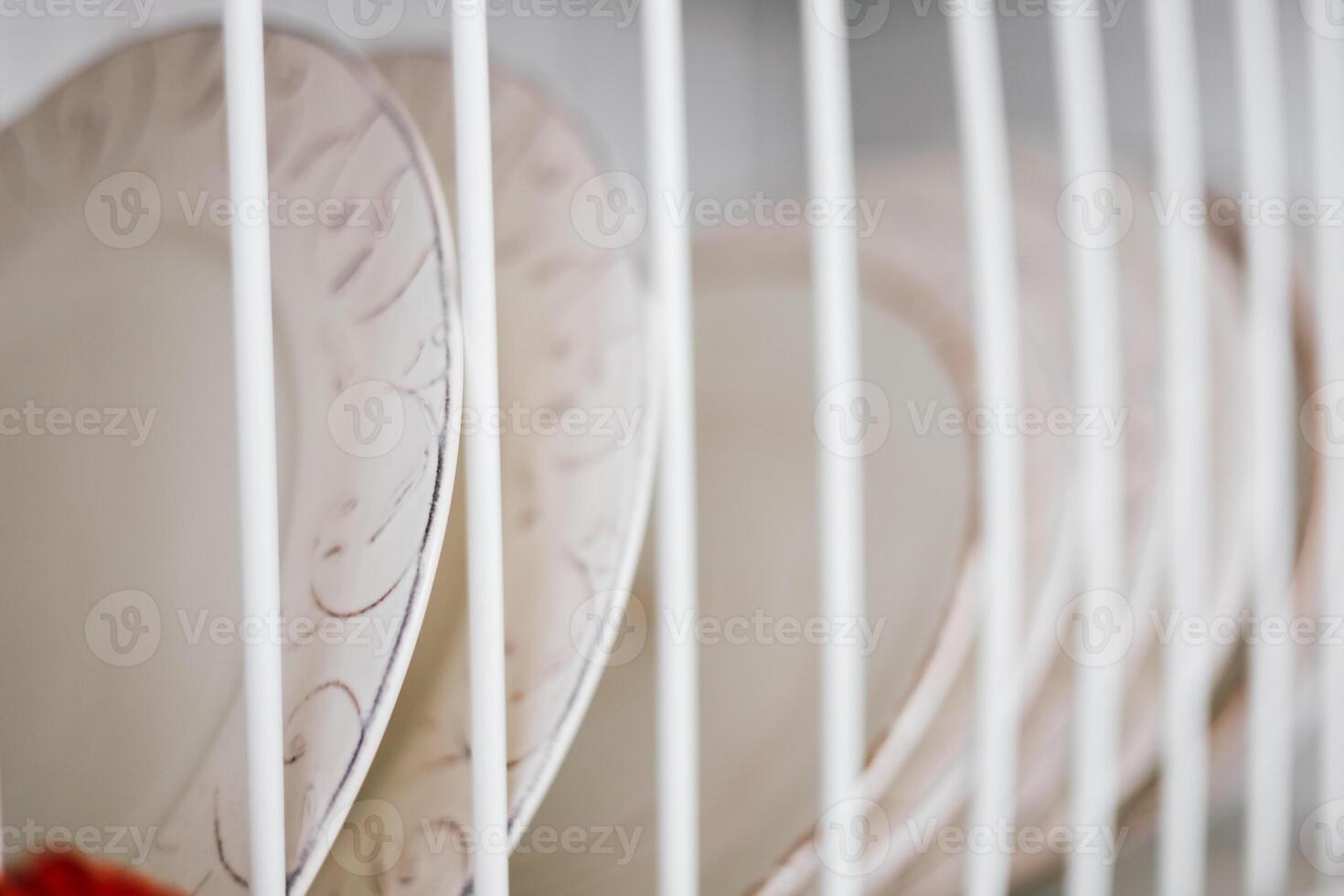 Colorful plates drying in a dish rack after washing photo