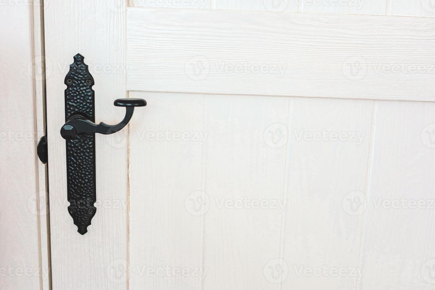 Door hardware features decorative black handle on a white wooden door in a bright interior setting photo