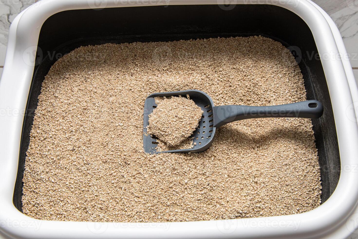 Cat litter box filled with clean sandy cat litter ready for use, clumps and absorbs moisture photo