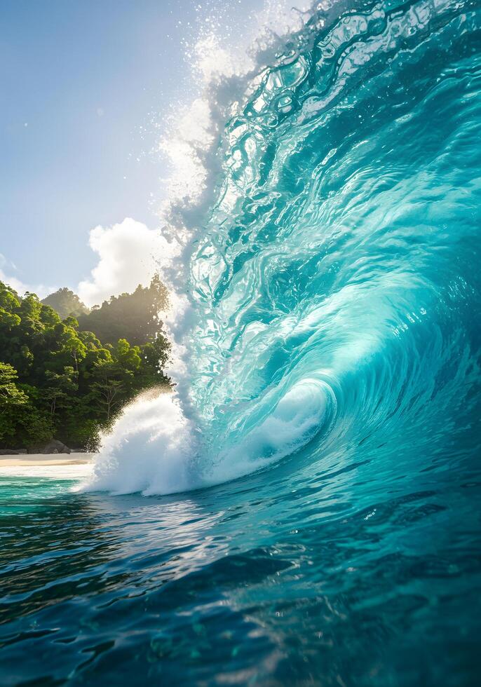 Turquoise wave breaking near a tropical island with lush vegetation, creating a dynamic scene of ocean energy and coastal beauty. photo