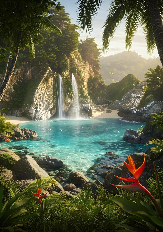 Breathtaking tropical paradise shows a waterfall cascading into a turquoise lagoon with lush foliage and vibrant bird of paradise flowers. photo