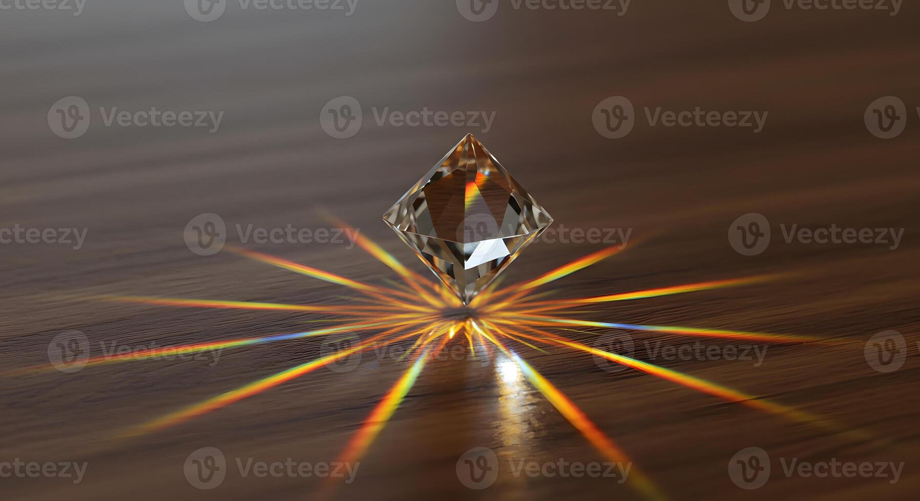 Sparkling crystal reflects light on a wooden surface, creating rainbow color streaks and a sense of purity and brilliance. photo