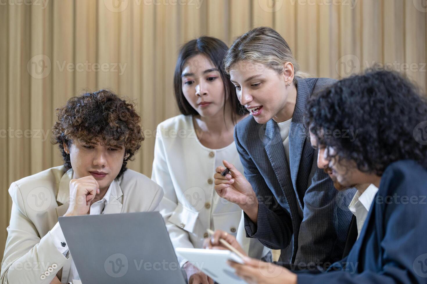 Caucasian woman sale manager is showing annual report chart to the colleagues in executive meeting for next year plan with market share increase for global business and investment photo