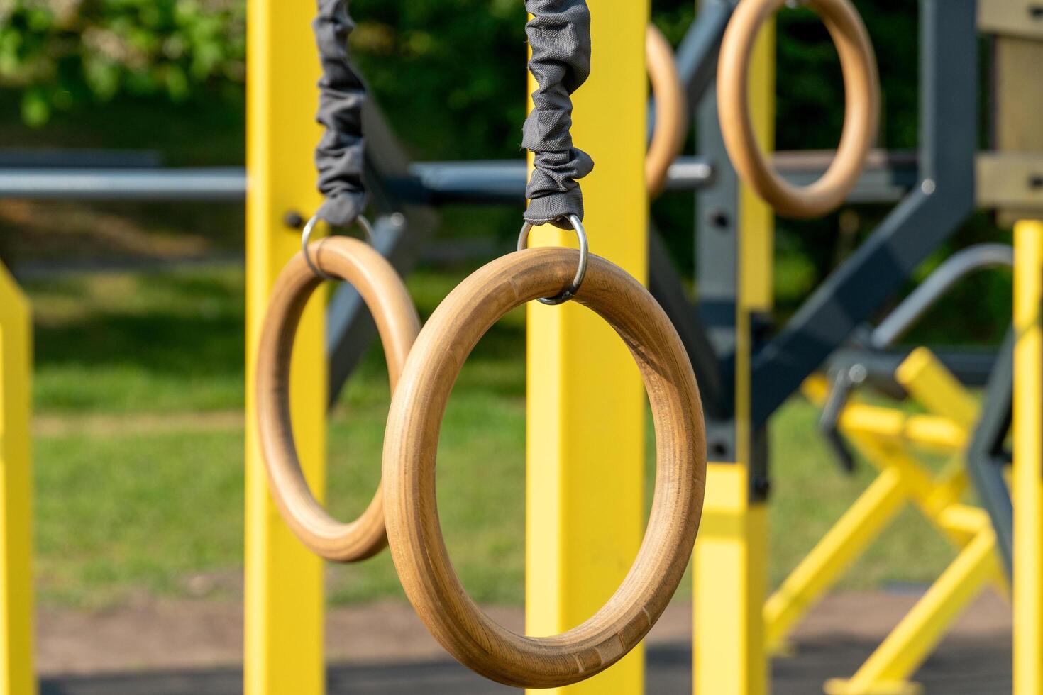 A set of rings hanging from a pole in a park photo