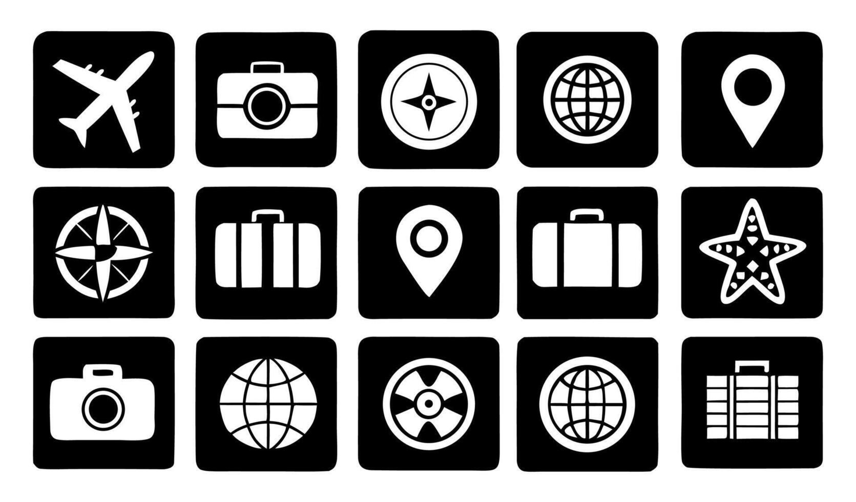 Modern Travel Icon Sets with Airplane, Map, Luggage, and Passport on White Background vector