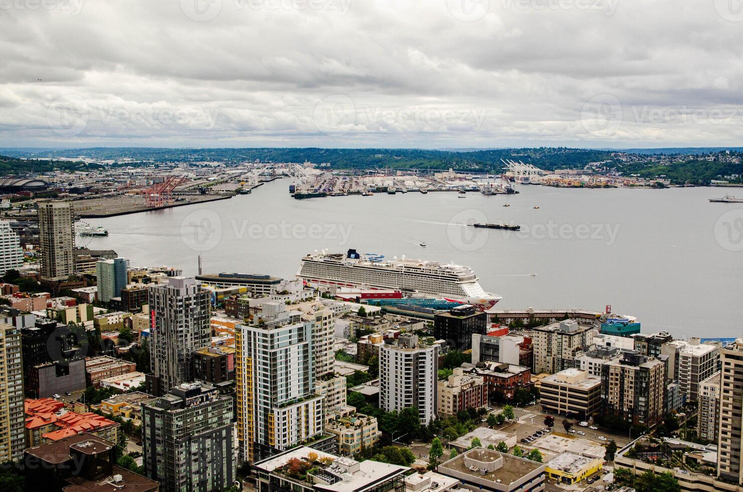 Aerial View of Seattle Waterfront with Cruise Ship Docked Cityscape photo