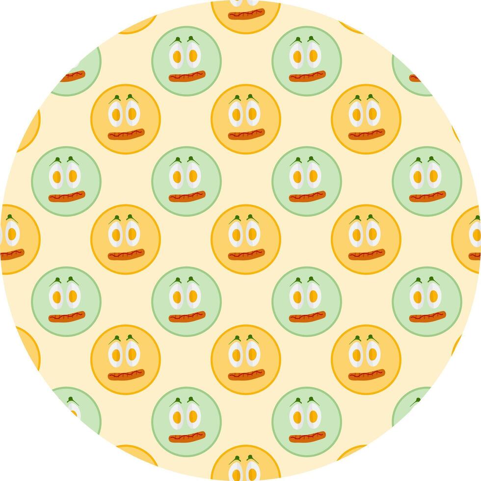 Food emoticons Seamless Pattern on Circle Background Cute Characters Motivation Cards Backdrop idea. Isolated illustration Food Poster Background Banner, leaflets, price tag, social media post vector