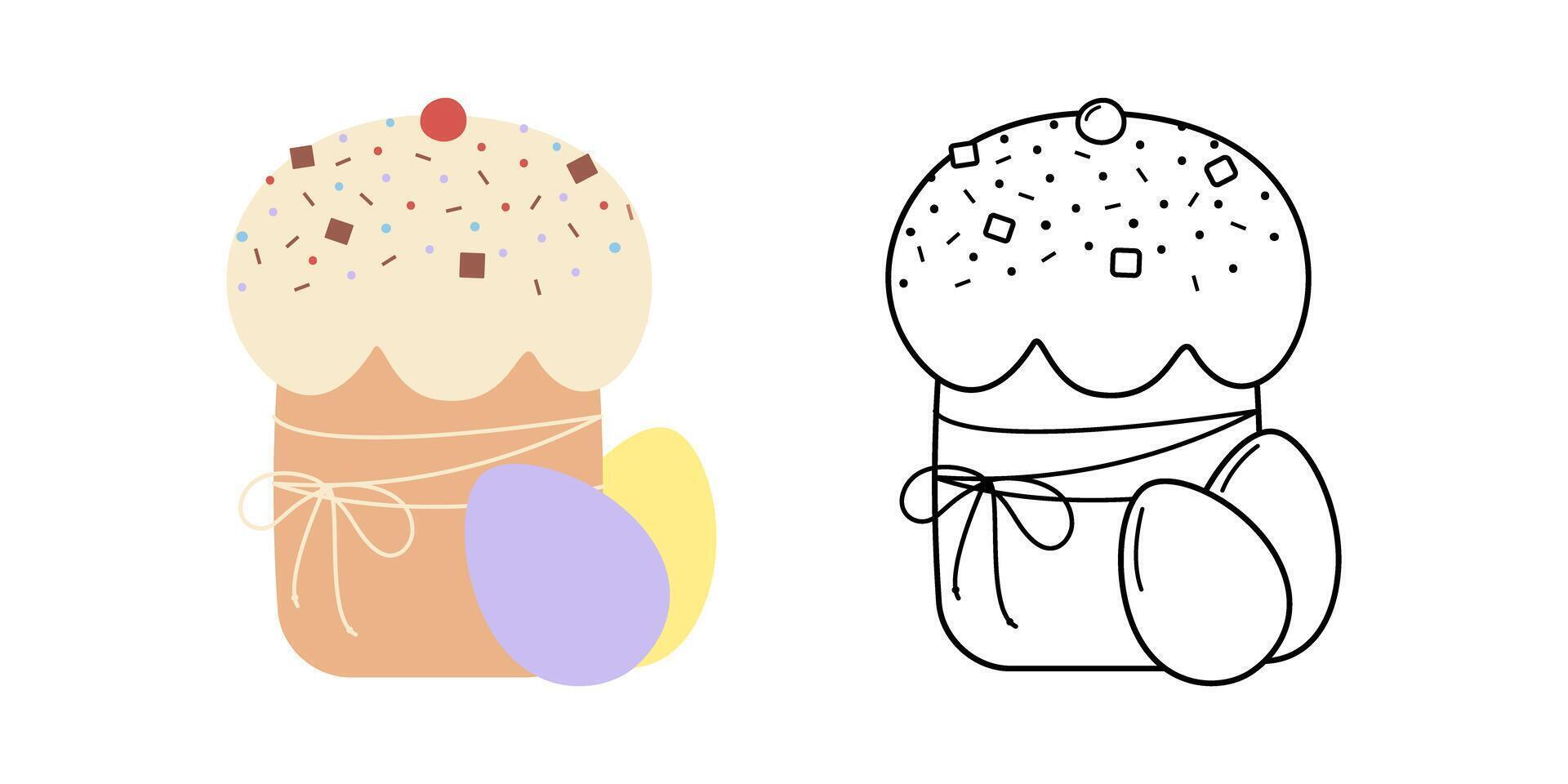 HandDrawn Easter Cake and eggs Colorful and Outline Easter Sticker Icon Pictogram Design Element Set. Isolated Illustration Easter Greeting Themes Cards, poster, banner, leaflets, labels, price vector