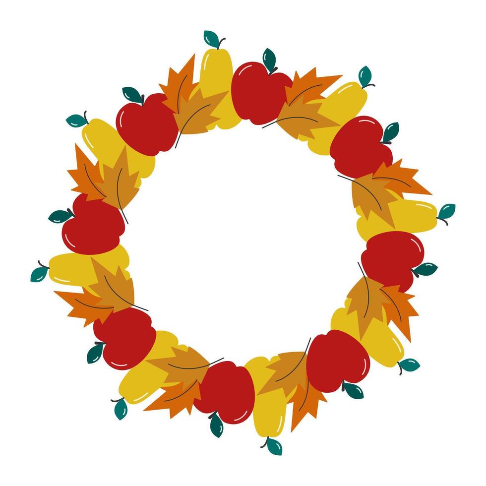 Freehand Apple Pear and Autumn leaves Circular Frame border Seasonal Minimalist Copy space Template. Isolated illustration Autumn Holiday Themes Cards Party invite or banner, leaflet, price tag vector