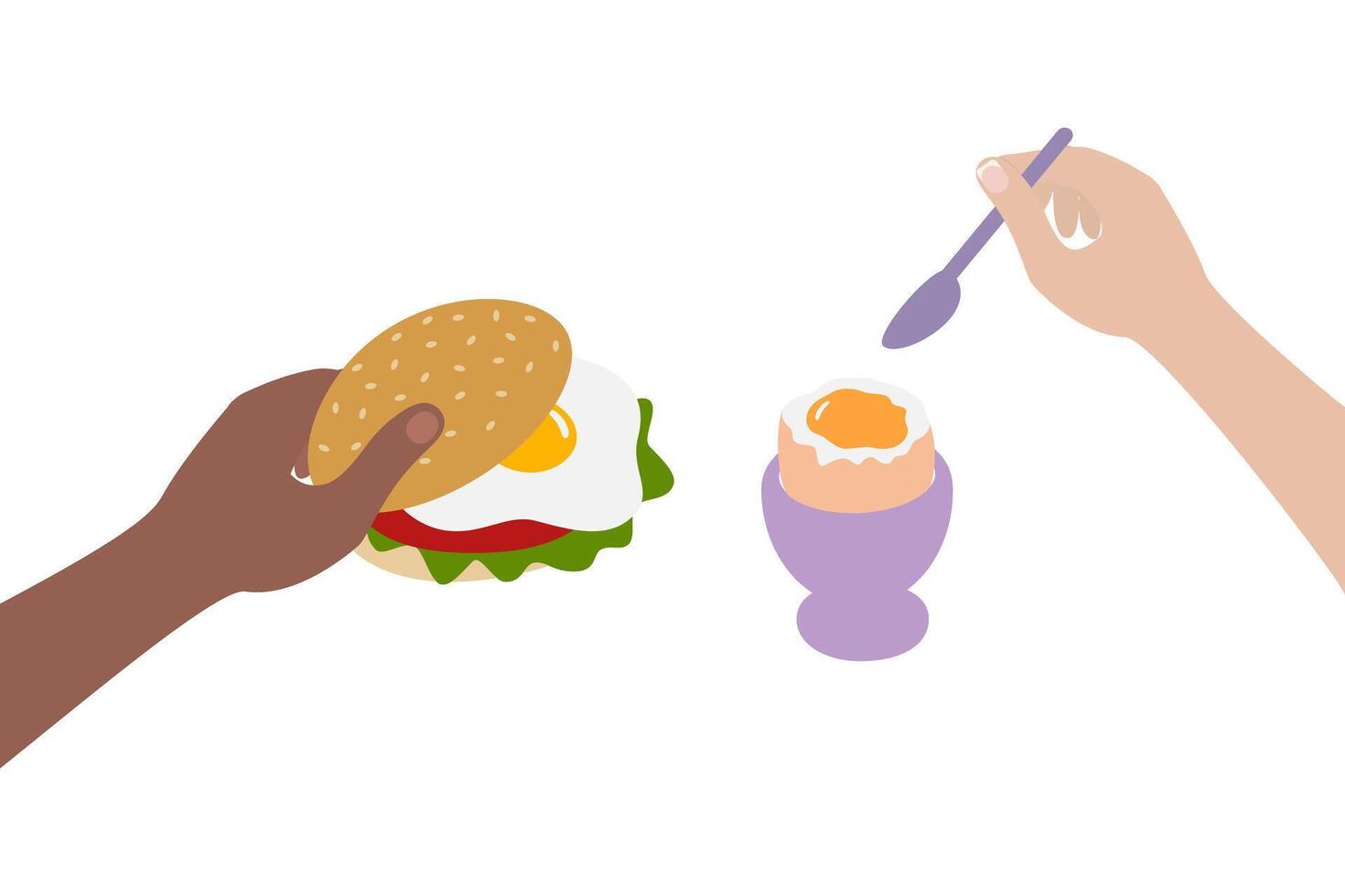 Sandwich with Fried Egg in Mans hand and Soft Boiled Egg in Egg bowl and spoon in Womens hand Set. Isolated illustration Food Poster designs Sticker Icon or banners, leaflets, labels, price tag vector