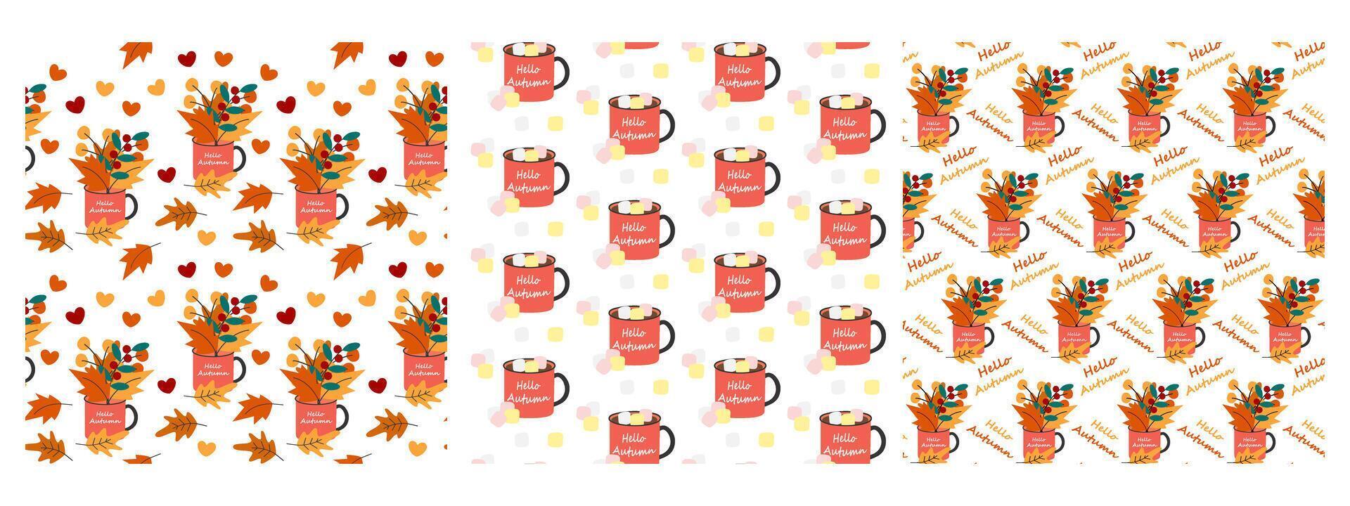 Autumn leaves in cup with Hello Autumn Text and mug with Marshmallows cubes Seamless Pattern Bundle. Isolated illustration Autumn Themes Cards Backdrop Party invites or banner, leaflets, price vector