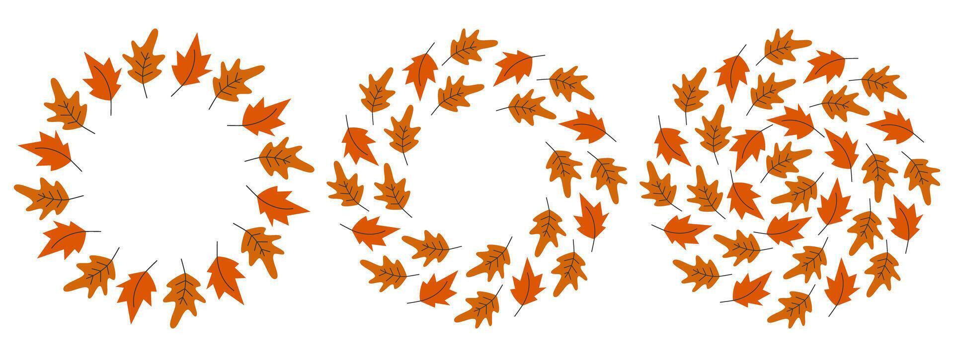 Hand Drawn Maple and Oak leaves Circular Frames borders and Round Background Copy space Template Set. Isolated illustration Autumn Holidays Greeting Cards, poster, leaflet, label or banner, tag vector