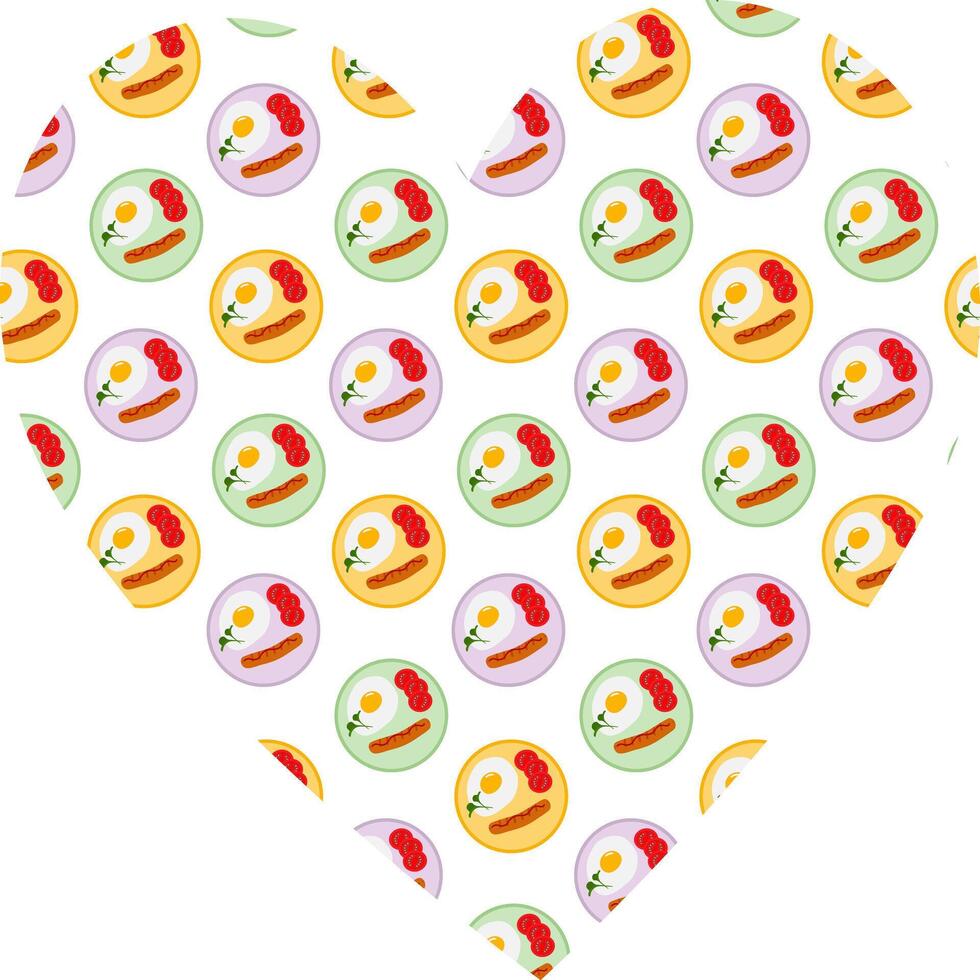 Fried Egg Microgreens tomato slices and grill sausage on plate Seamless Pattern on heart shape fond. Isolated illustration Food Theme or Menu Cards Banners, leaflets, labels, price tag, posters vector