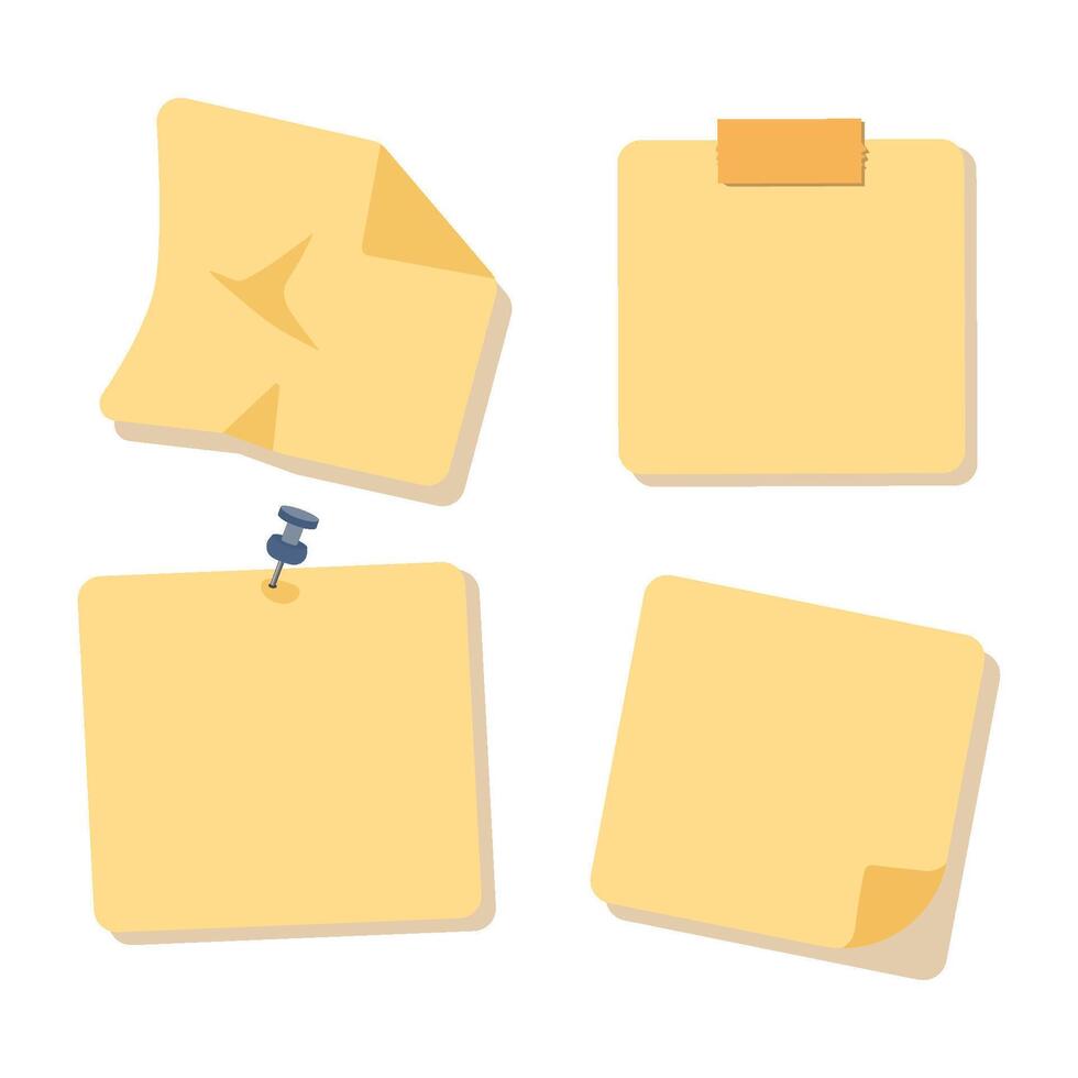 Four yellow sticky notes in various shapes and conditions like folded, pinned with a paperclip, taped, and plain. Minimal design on white background, flat illustration. vector