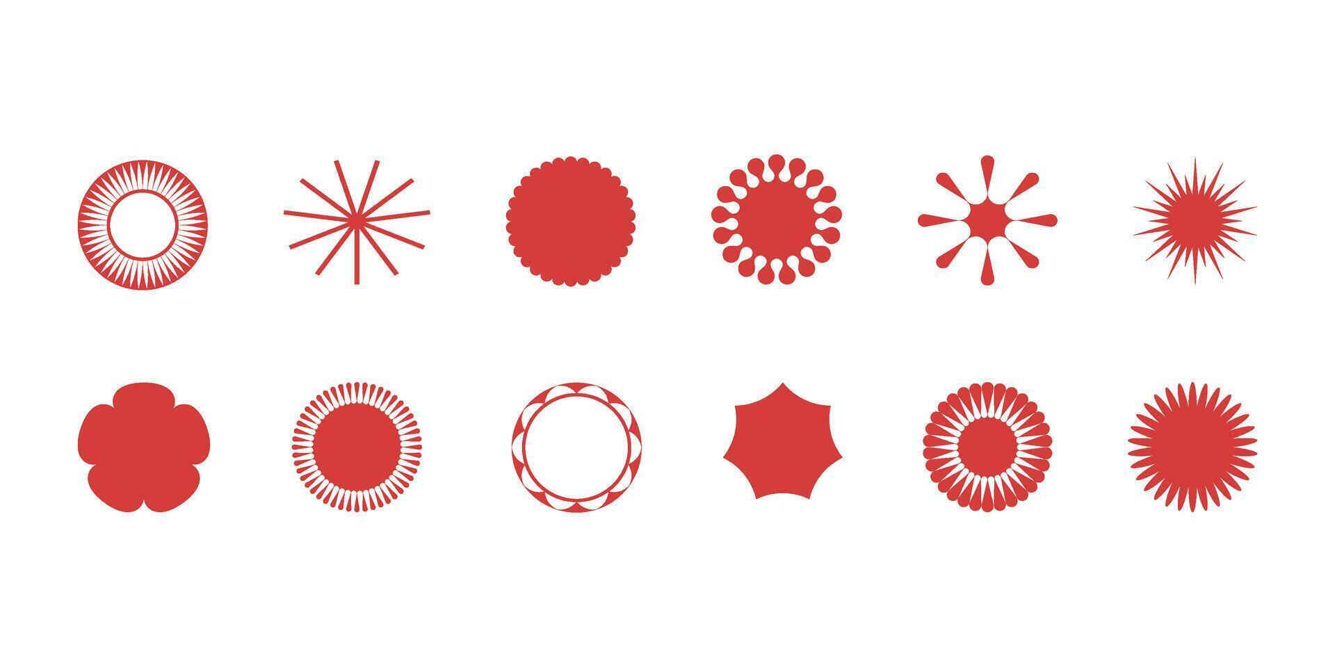 Red decorative round elements with geometric patterns. Abstract digital ornaments, icon sheet. vector