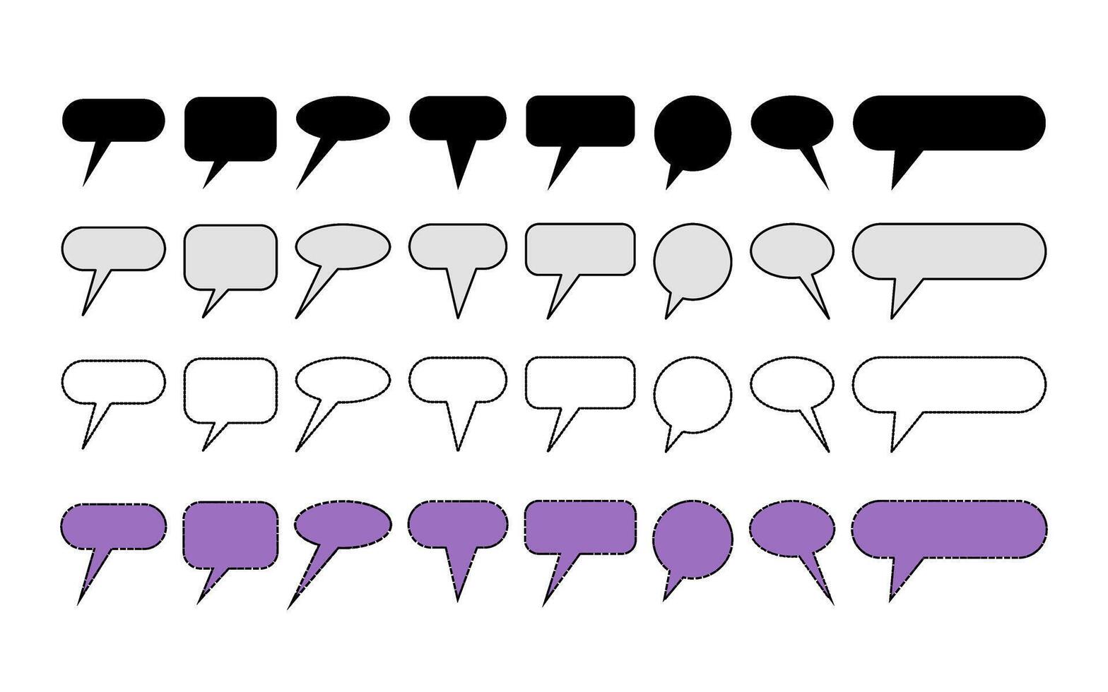 Flat and Outline Comic Text Boxes in Various Styles. Collection of speech bubbles in flat black, outline, and filled purple designs. vector