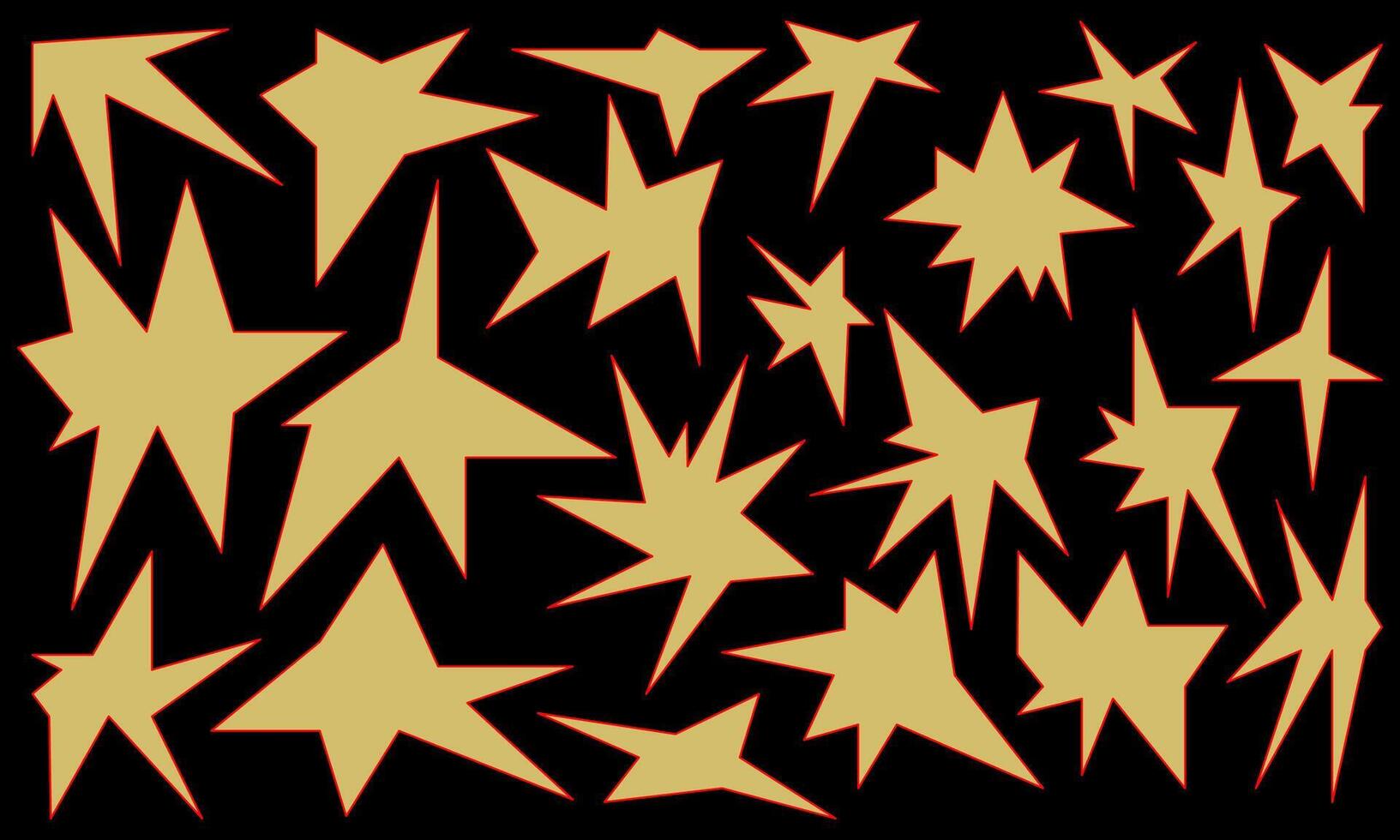 Yellow cartoon-style stars in random shapes on a black background, with a bold and playful appearance, ideal for decorations or party-themed designs. vector
