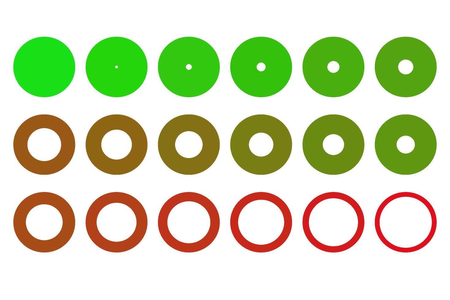 A clean and structured set of circles transitioning from small to large radius, with a smooth gradient of color like green, brown, red. vector