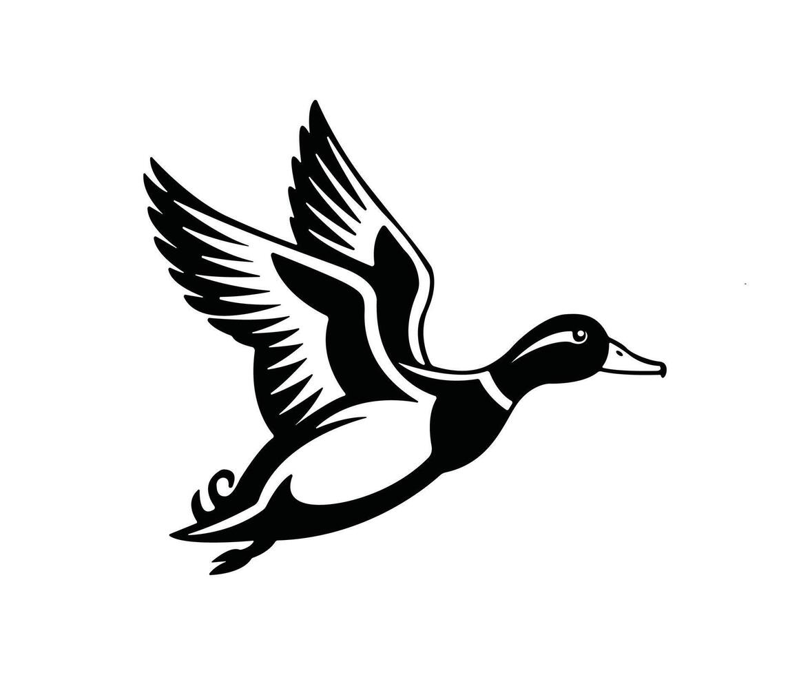 a black and white drawing of a duck flying, flying duck illustration vector